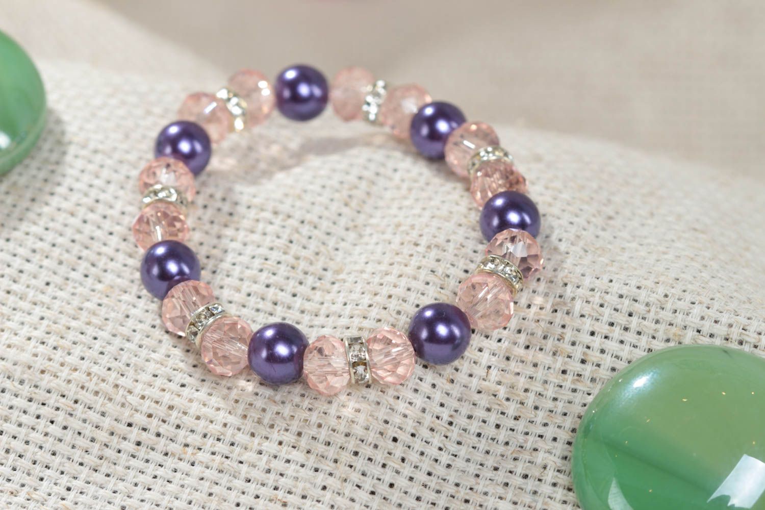 Handmade children's pink wrist bracelet with crystal and ceramic beads photo 1