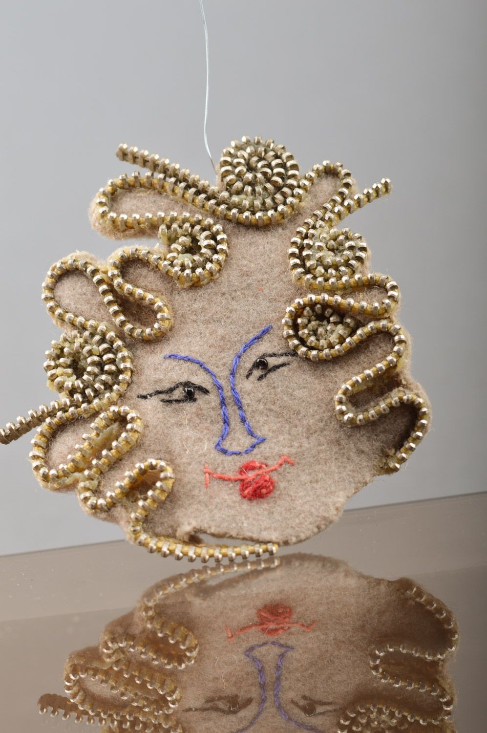 Unusual designer handmade cashmere brooch in the shape of Gorgon Medusa photo 5
