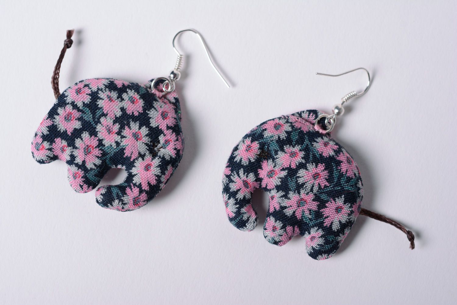 Handmade textile dangle earrings in the shape of elephants photo 5