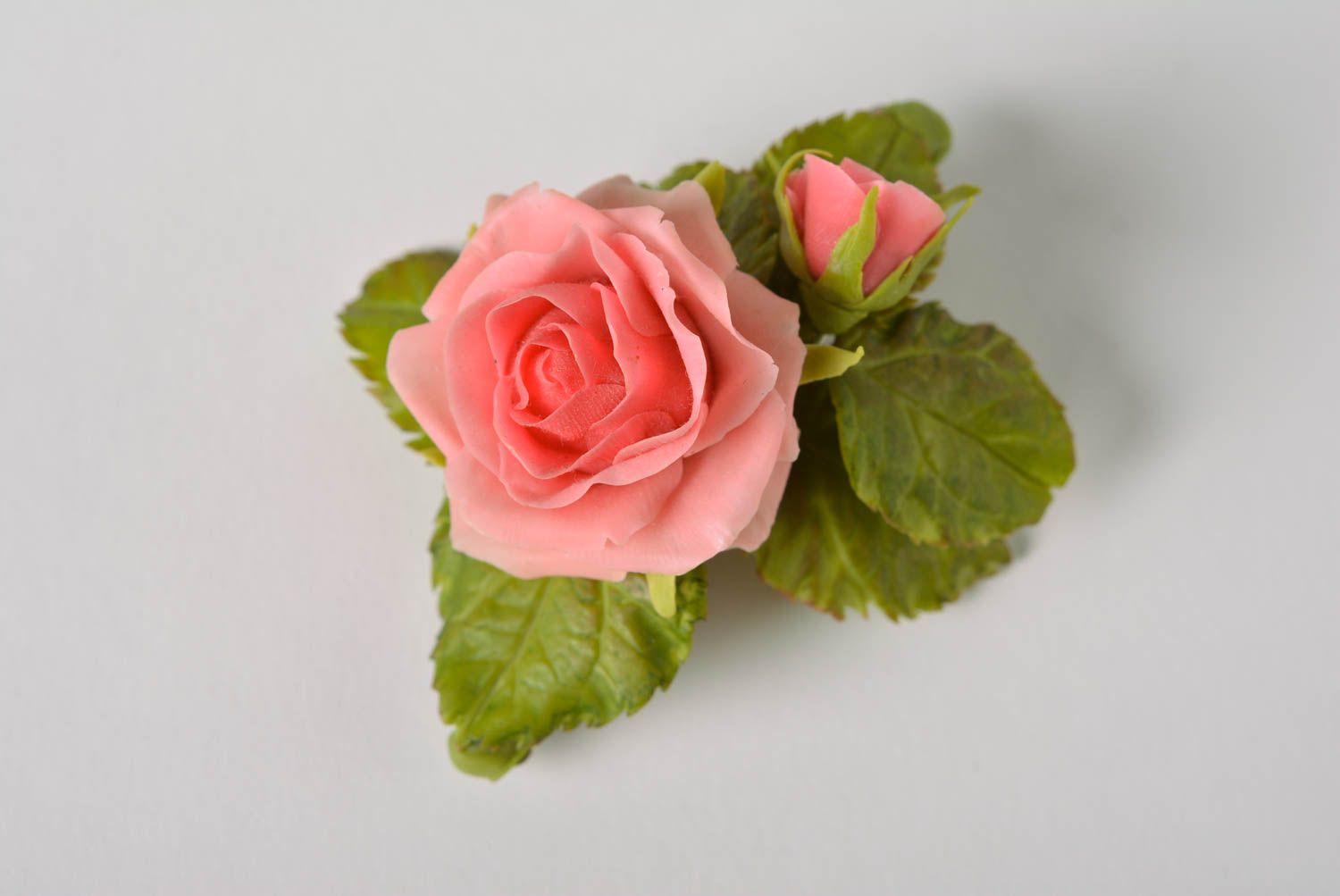 Handmade designer hair clip with polymer clay flower tender pink rose with leaf photo 4