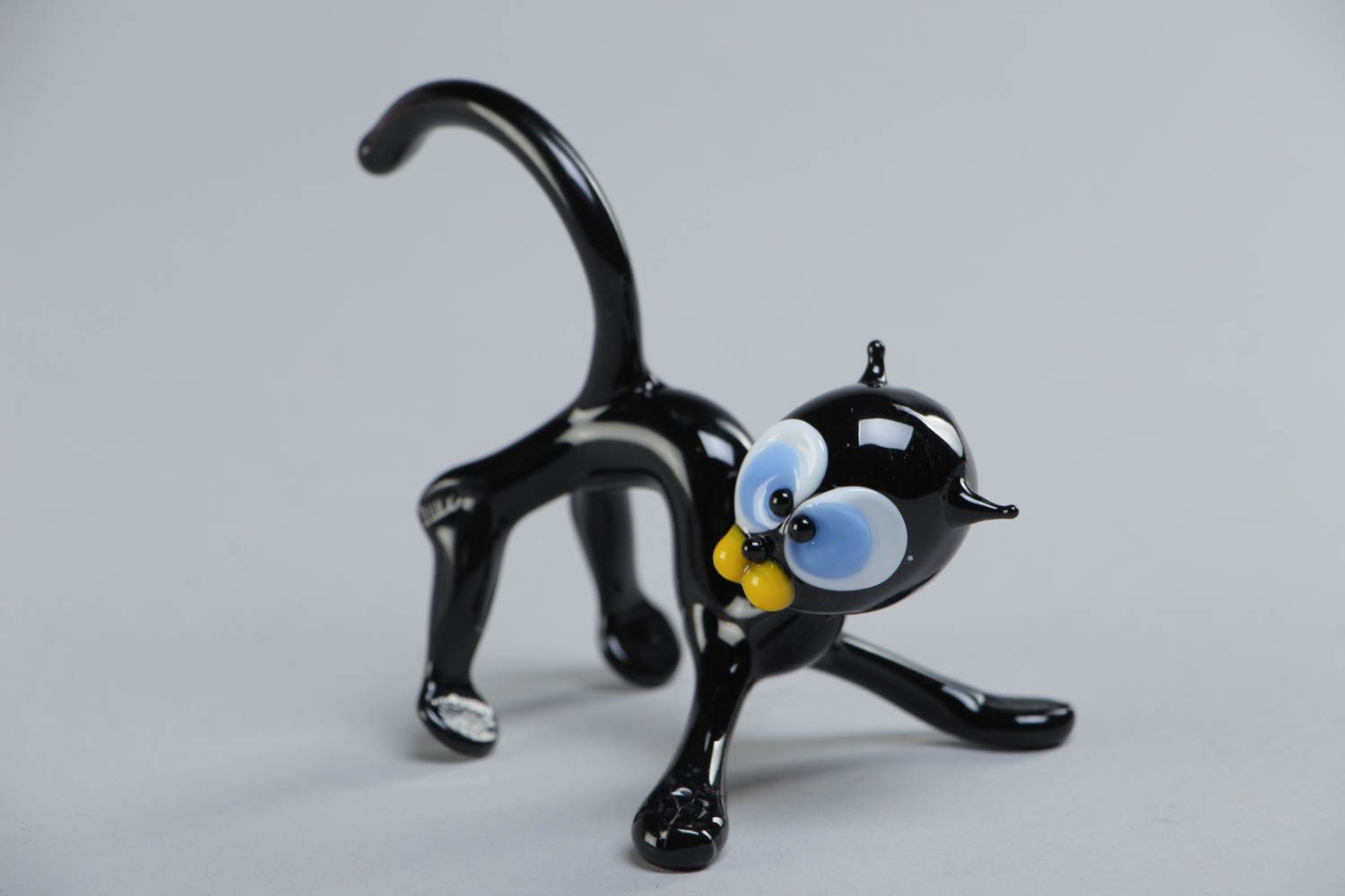 Unusual funny homemade lampwork glass figurine of black cat photo 2