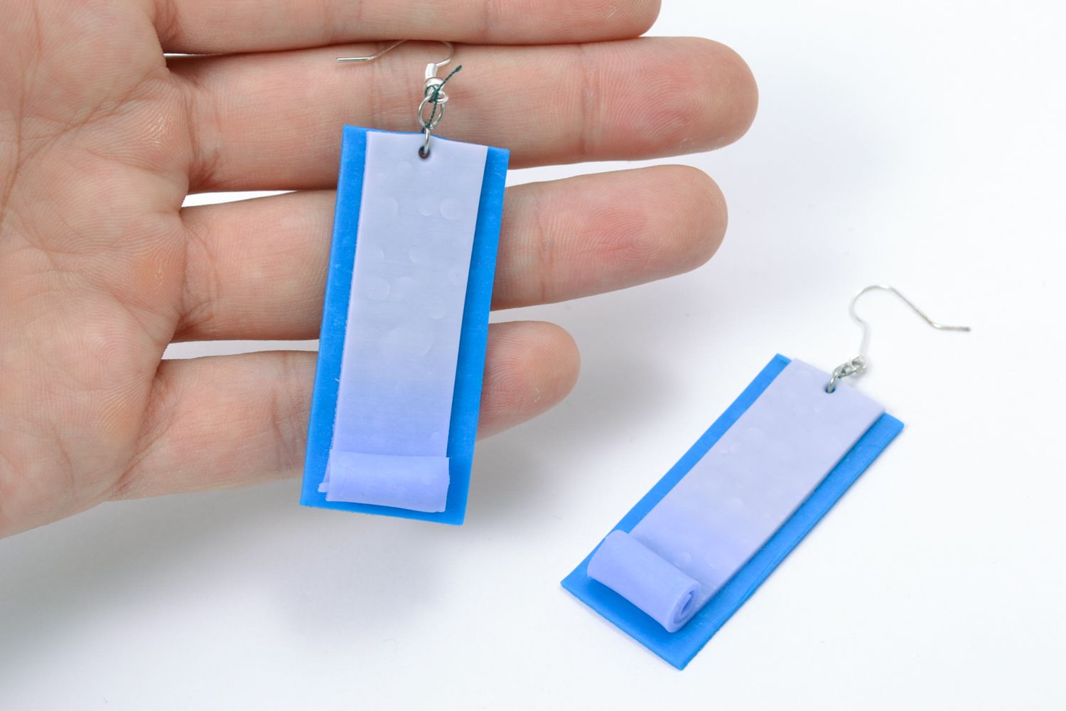 Unusual rectangular earrings of blue color photo 2