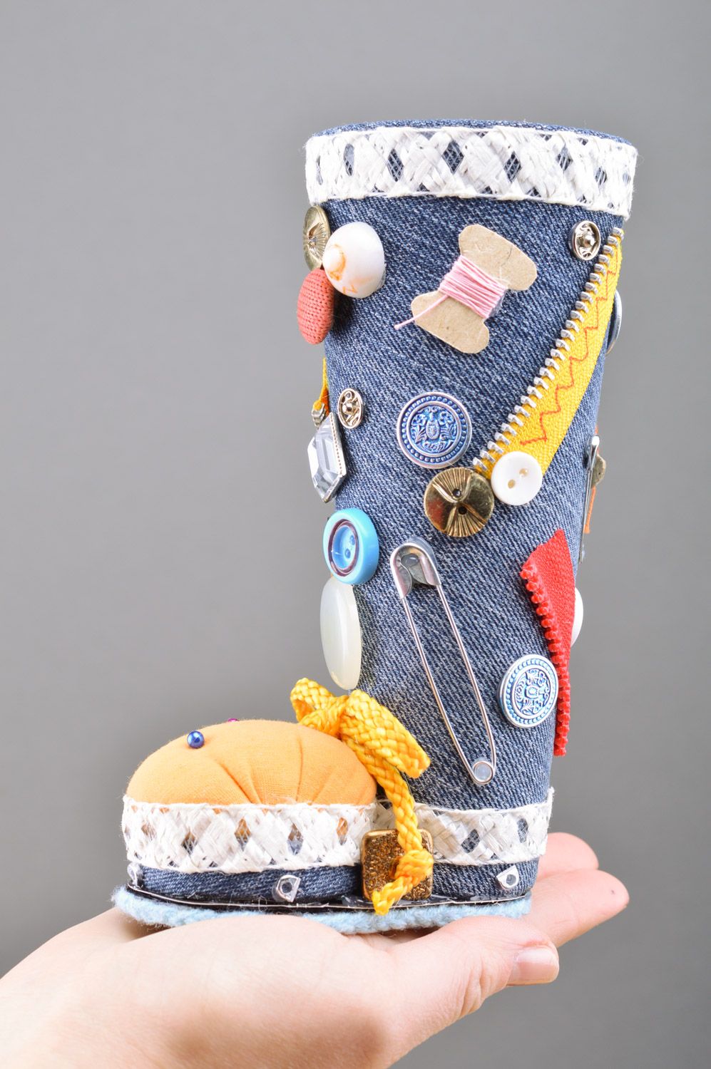 Handmade decorative denim organizer for sewing supplies and pincushion in one photo 3