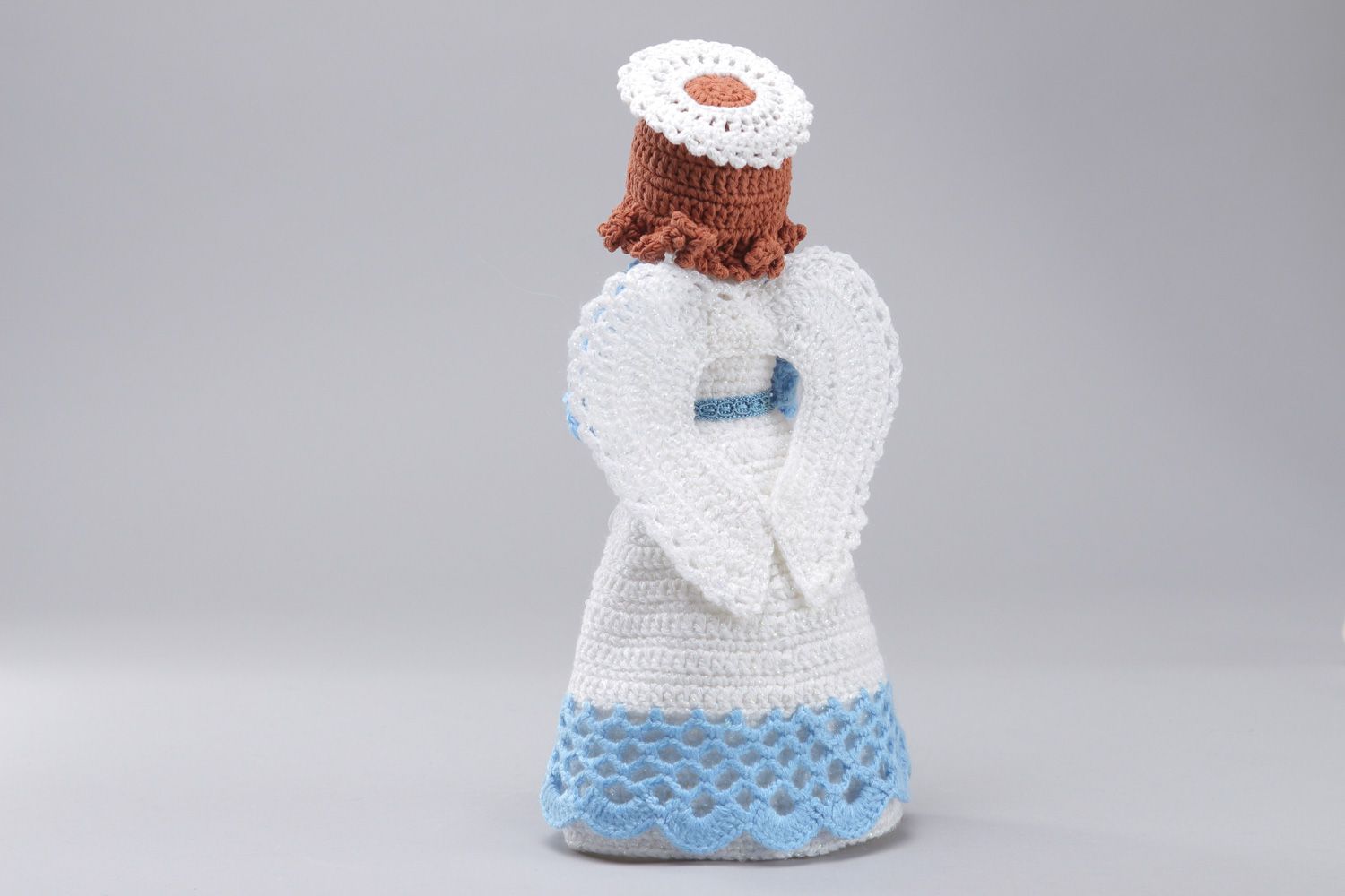 Handmade soft toy angel crocheted of white and blue cotton and acrylic threads photo 3