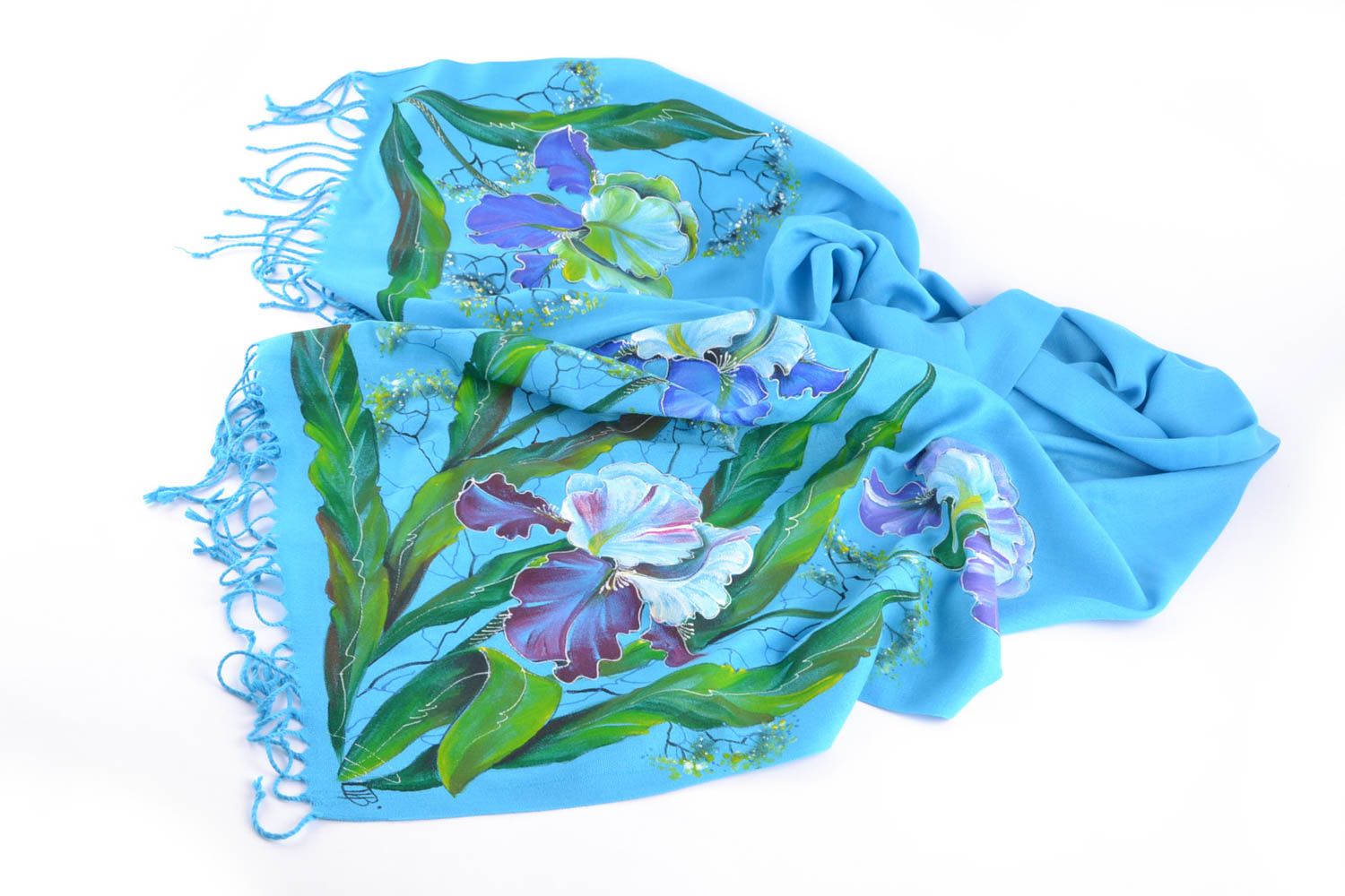 Châle en cachemire bleu avec peinture à fleurs iris bleu faite à la main photo 4