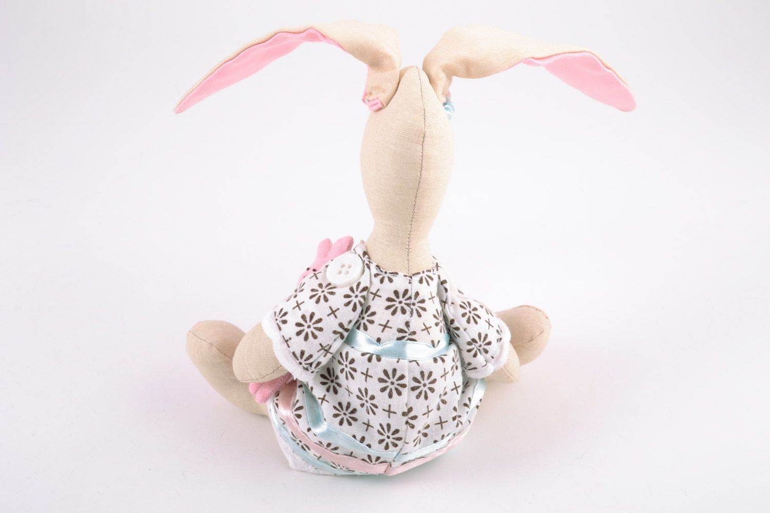 Cute handmade soft toy sewn of cotton fabric tender pink rabbit for little girl photo 5