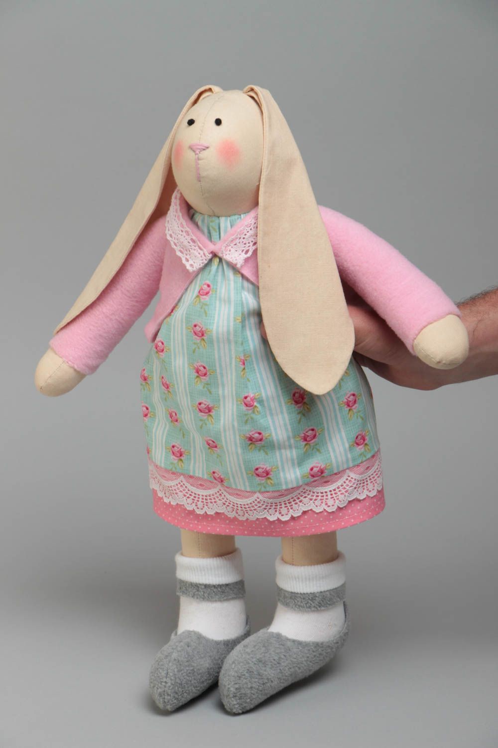 Handmade designer cotton fabric soft toy rabbit girl in dress and pink jacket photo 5