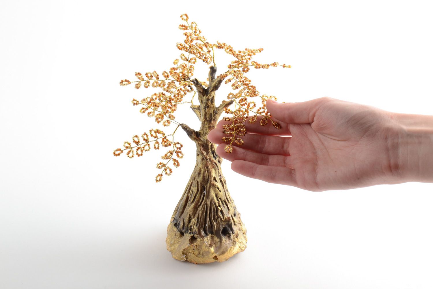 Handgemachter Glücksbaum aus Glasperlen Herbst für Interieur in goldenen Farben foto 4