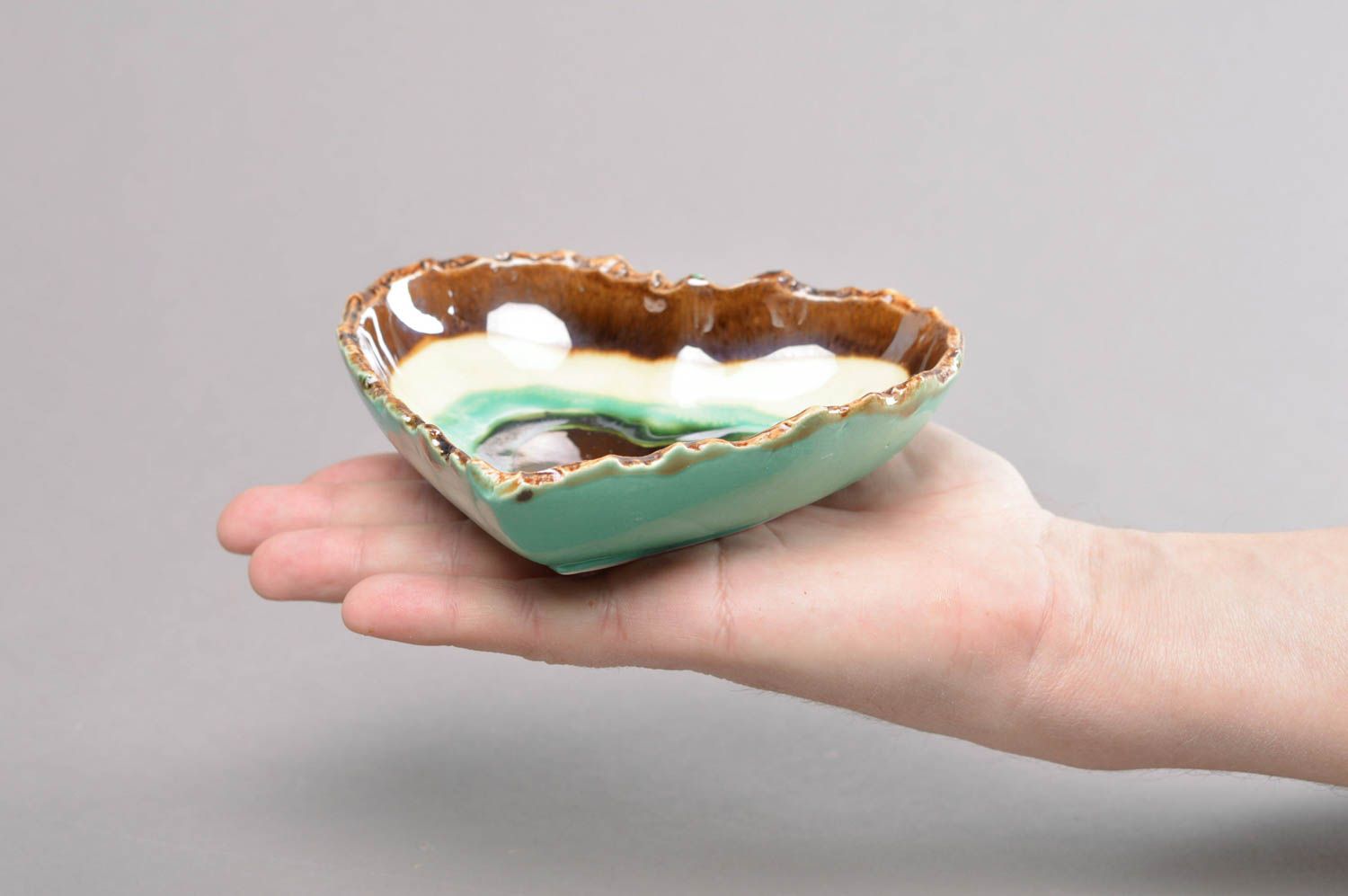 Small handmade decorative glazed heart-shaped bowl  turquoise brown and white photo 4