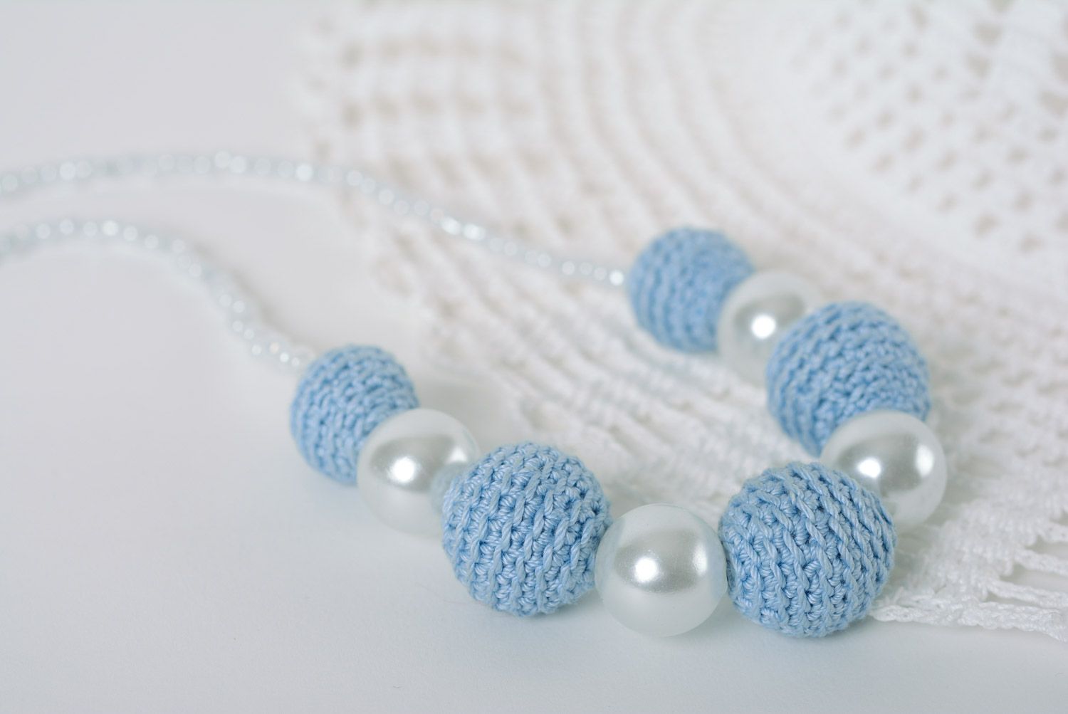 Handmade teething bead necklace crocheted of blue cotton threads for babies photo 1