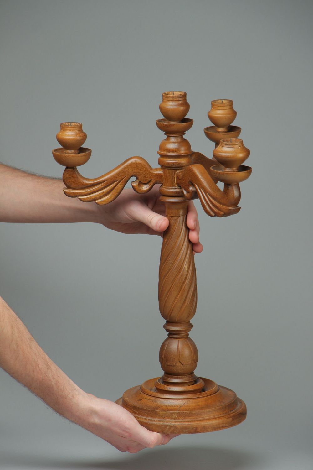 Carved wooden holder for three candles photo 4