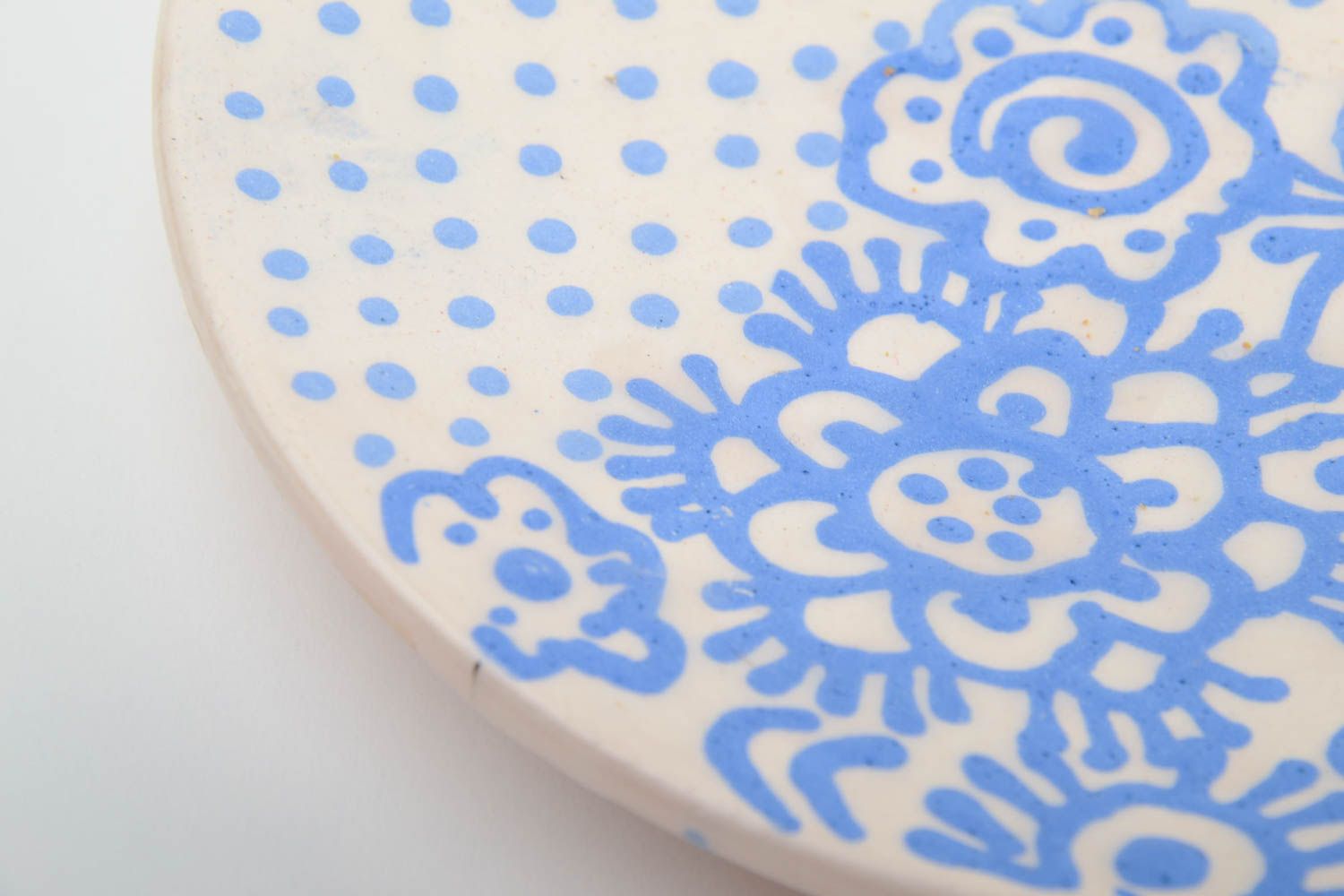 Handmade designer ceramic saucer white with blue ornament nice little pottery photo 3