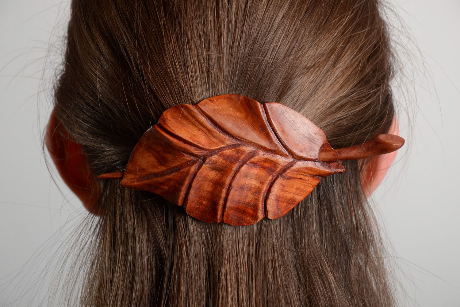 Jewelry and hair accessories Handmade carved wooden hair clip in the shape of leaf coated with eco varnish photo 1