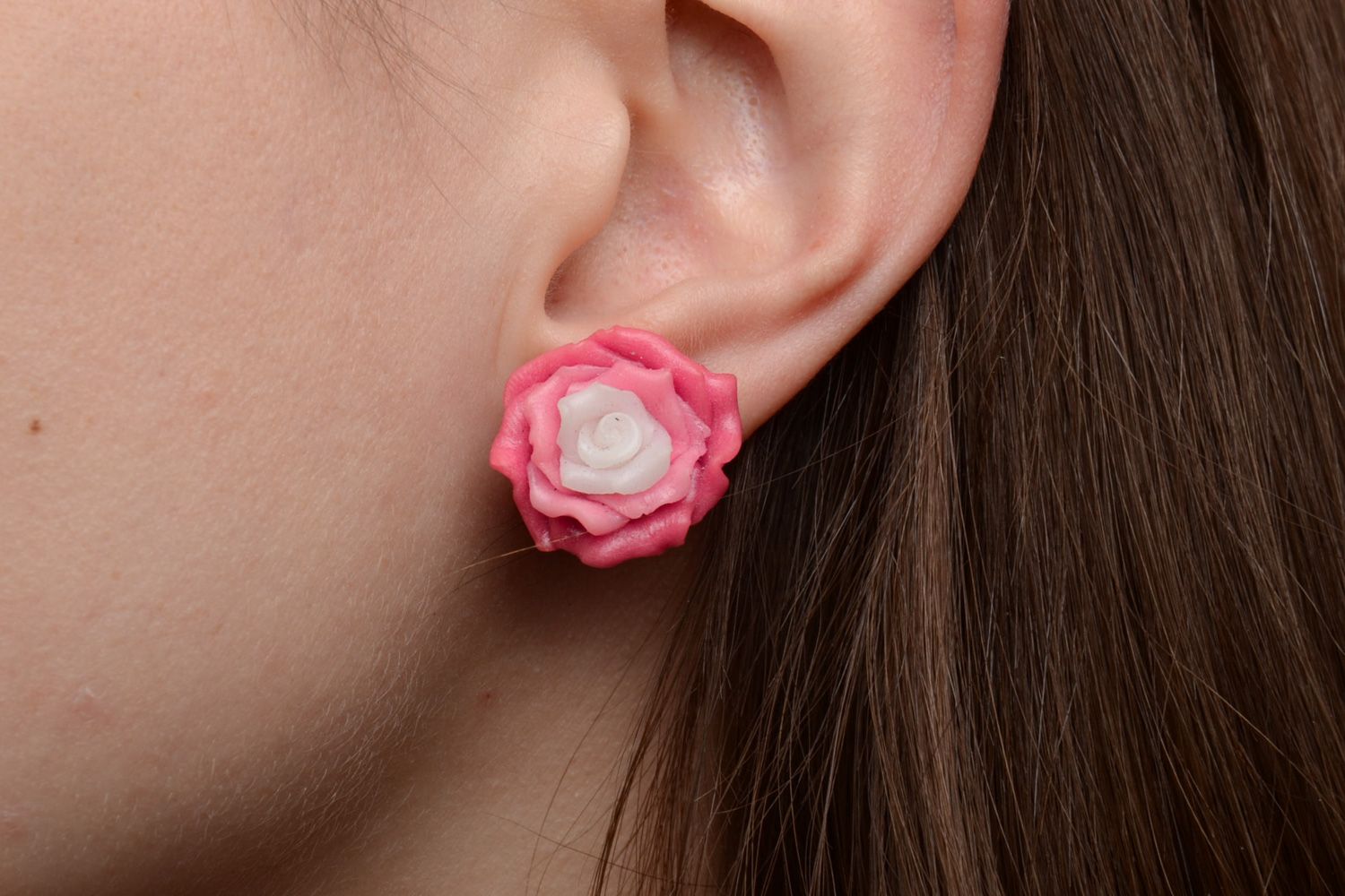 Handmade polymer clay stud earrings in the shape of tender pink rose buds  photo 2