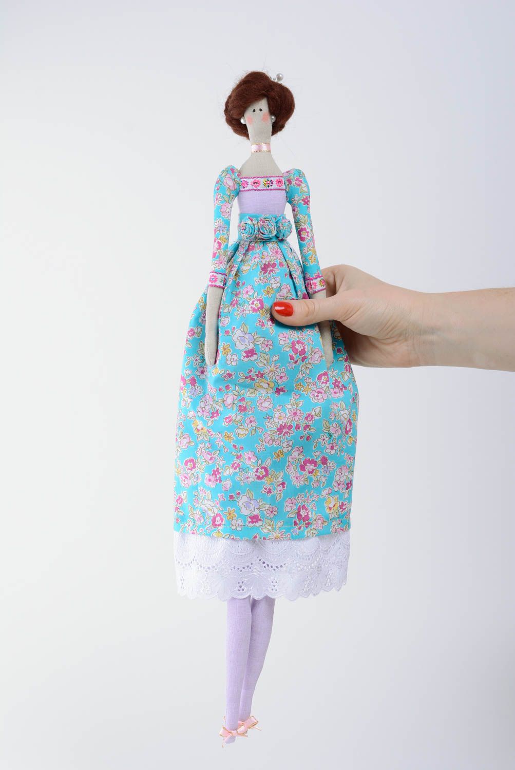 Handmade fabric doll in blue dress beautiful decorative designer interior toy photo 4