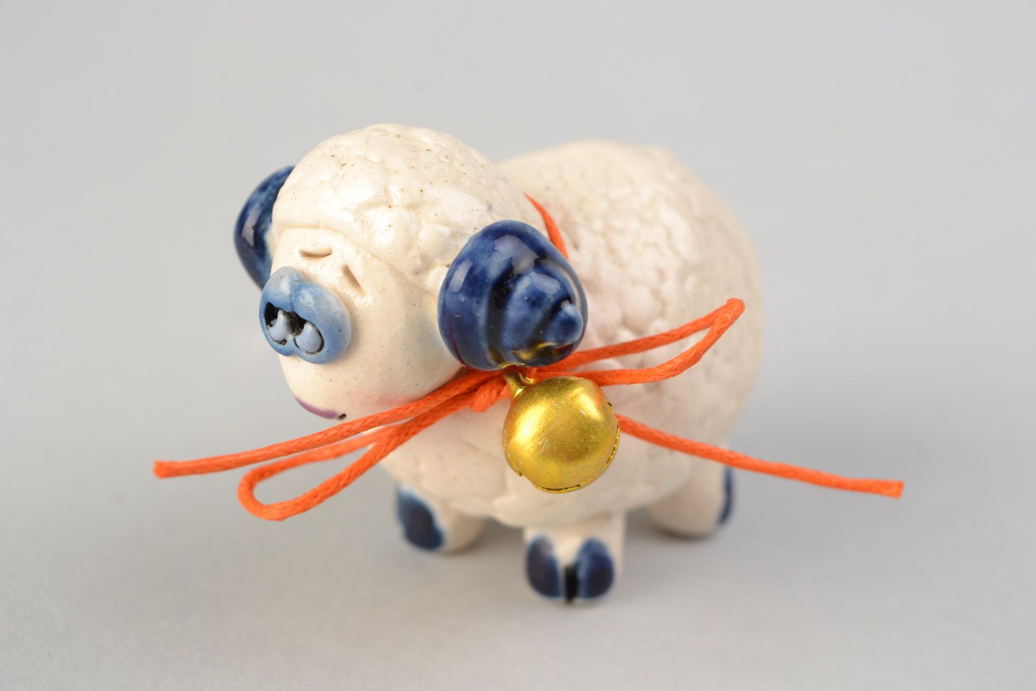 Handmade decorative figurine made of clay small sweet sheep with white glaze painting  photo 3