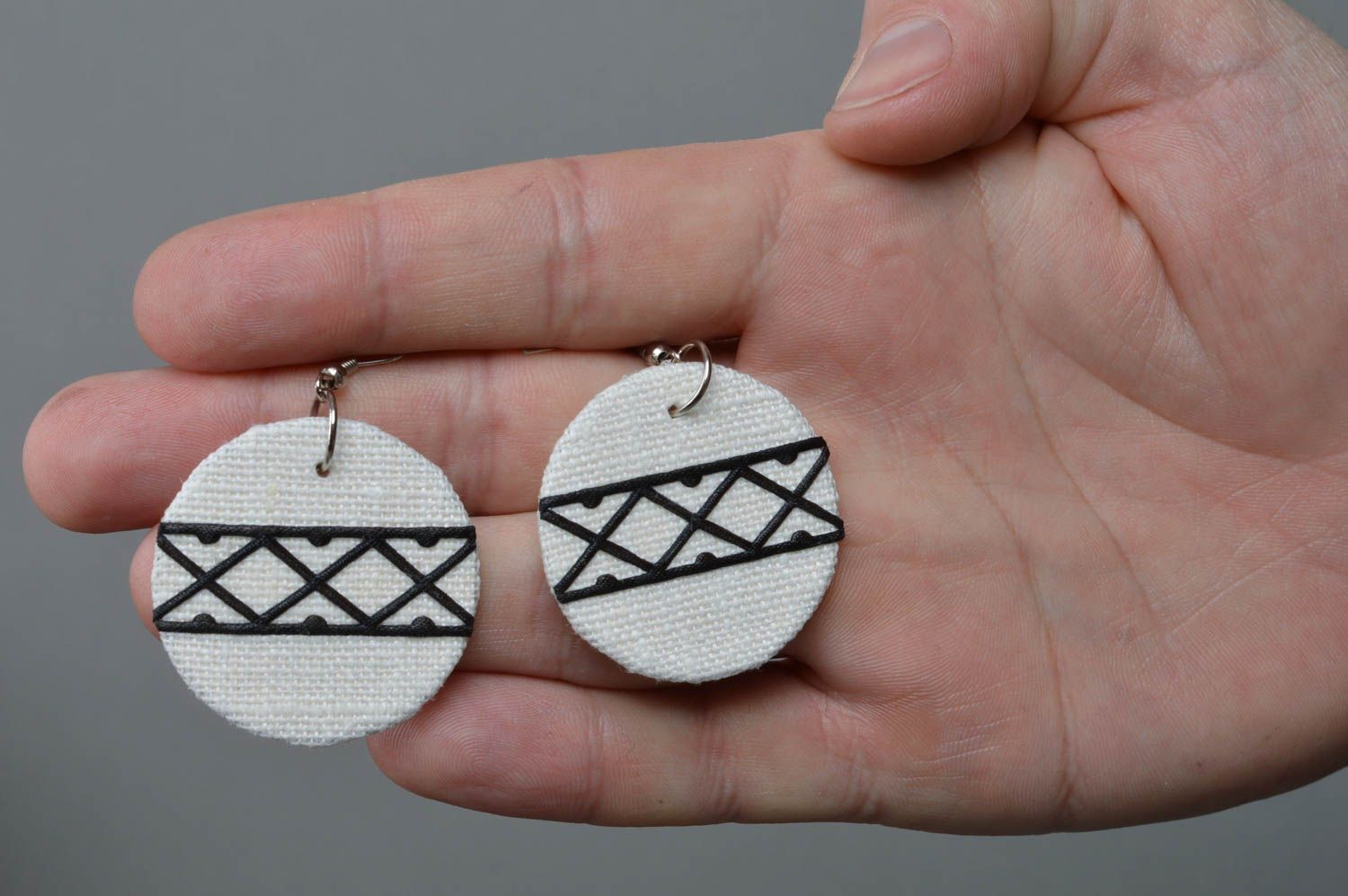 Beautiful handmade linen fabric designer earrings with rectangular pattern photo 4