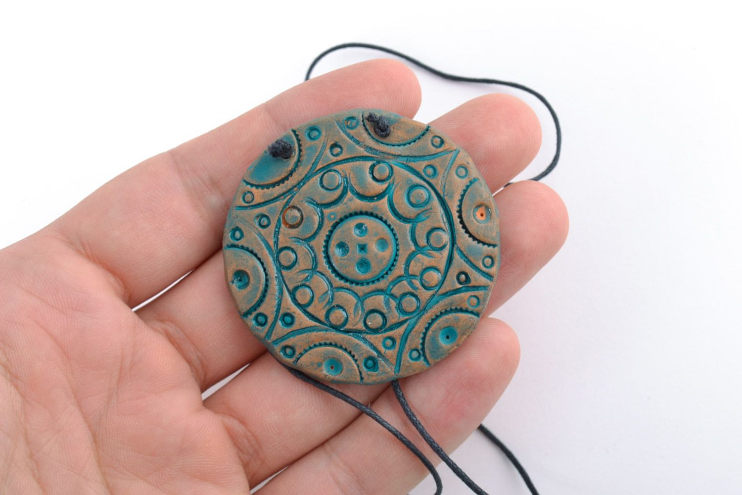 Handmade large painted ceramic pendant of round shape with ethnic ornaments  photo 2