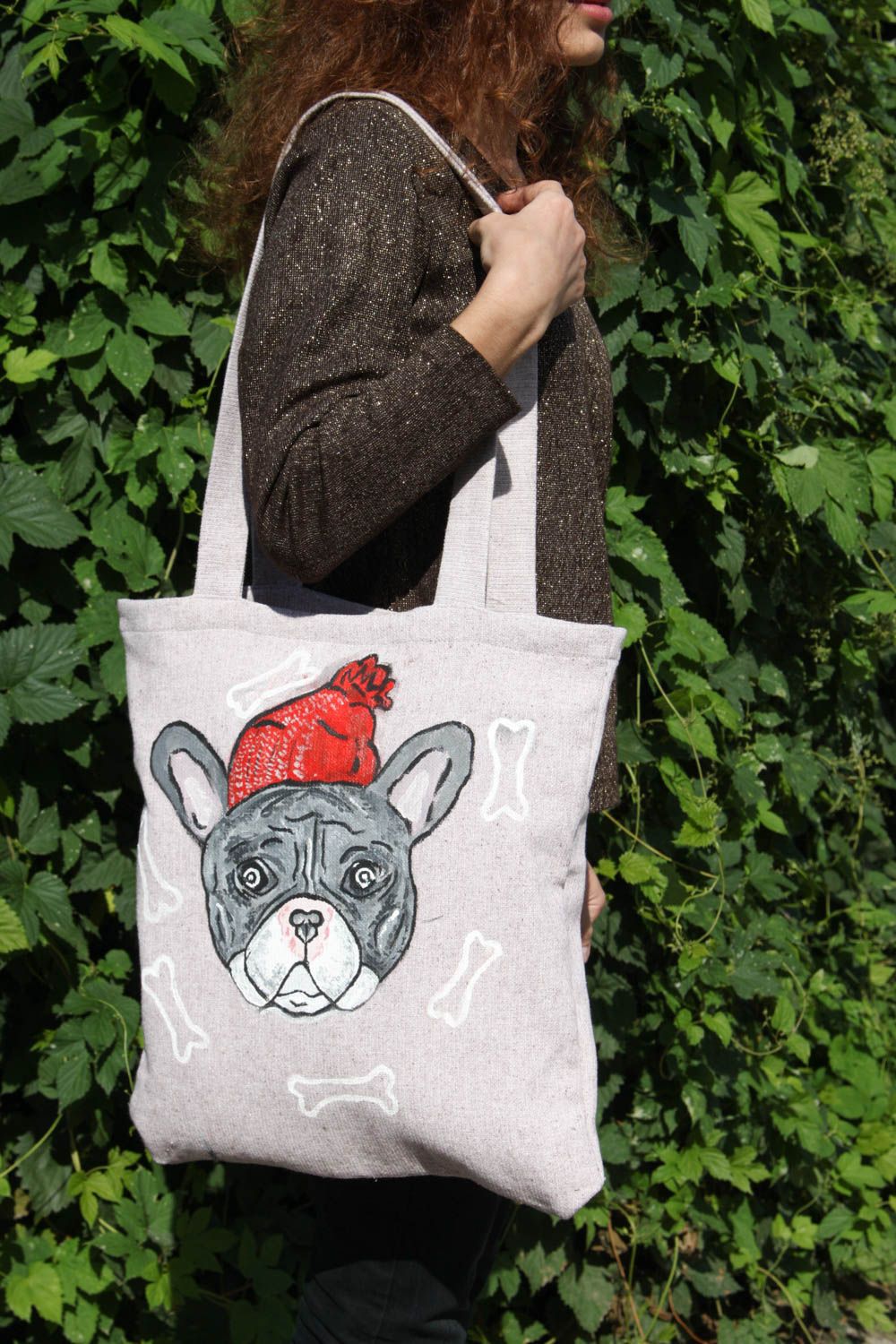 Handmade Stoff Tasche mit Hund Accessoire für Frauen Umhängetasche Damen  foto 5