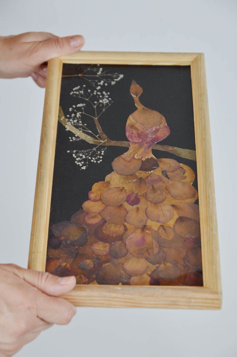 Картина из сухих листьев и лепестков роз трав на ткани ручной работы Жар-птица фото 3