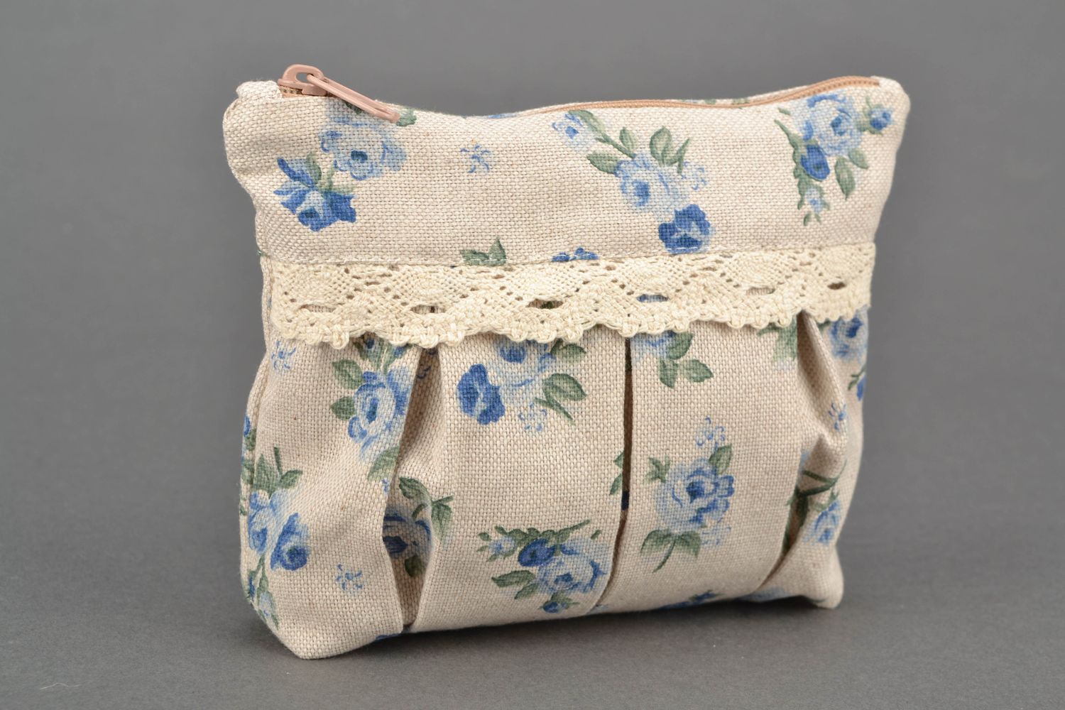 Handmade fabric beauty bag with zipper Blue Rose photo 2