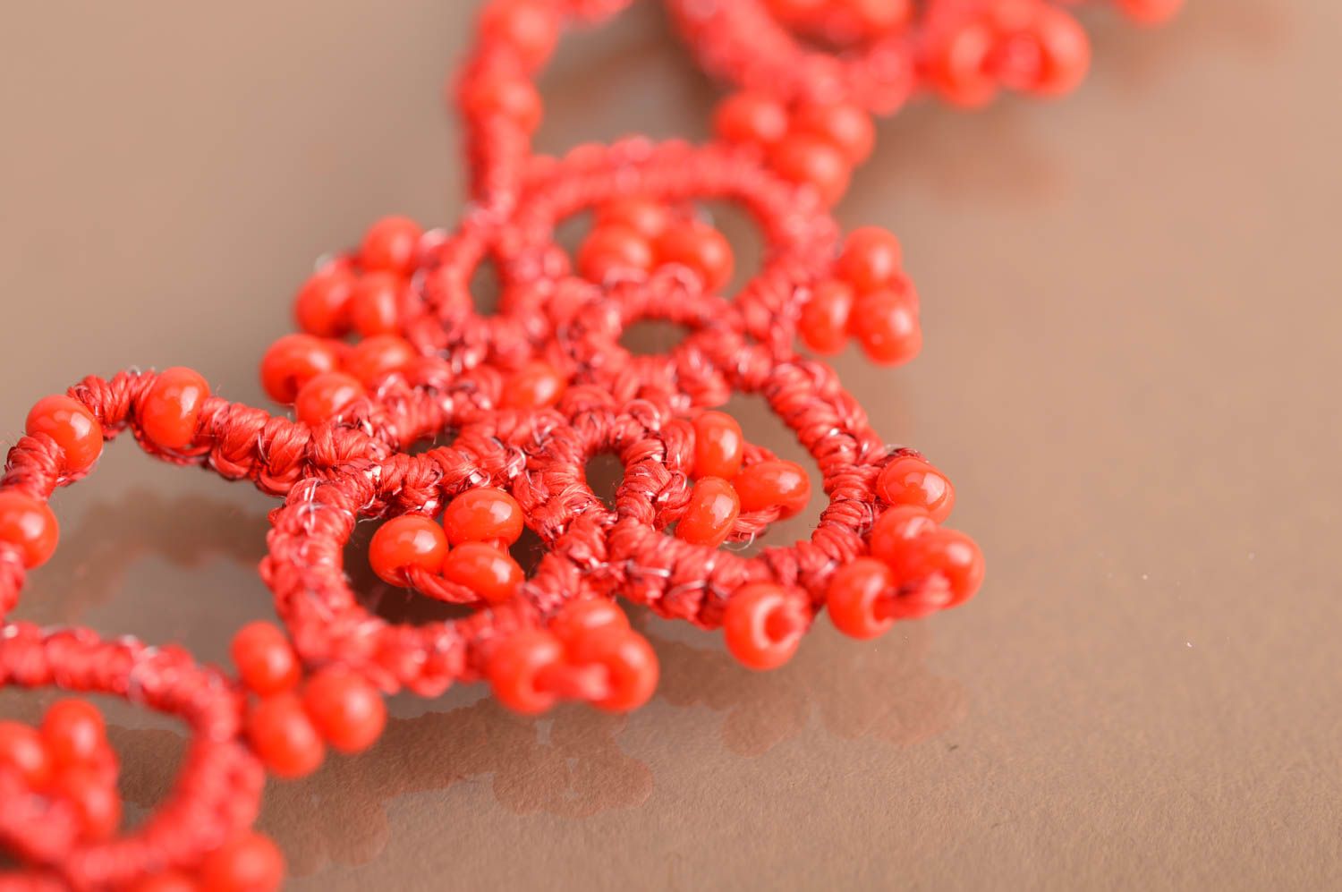 Beautiful handmade designer tatting lace necklace with beads Red for girls photo 4