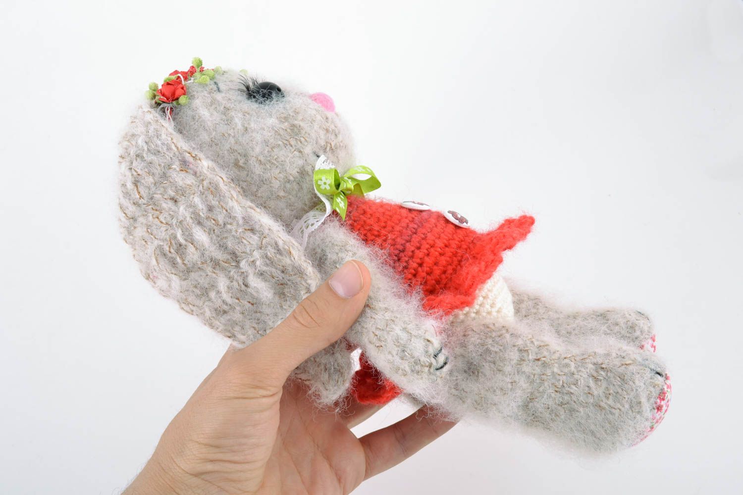Petit jouet décoratif tricoté en laine fait main original pour enfant Lapin photo 2