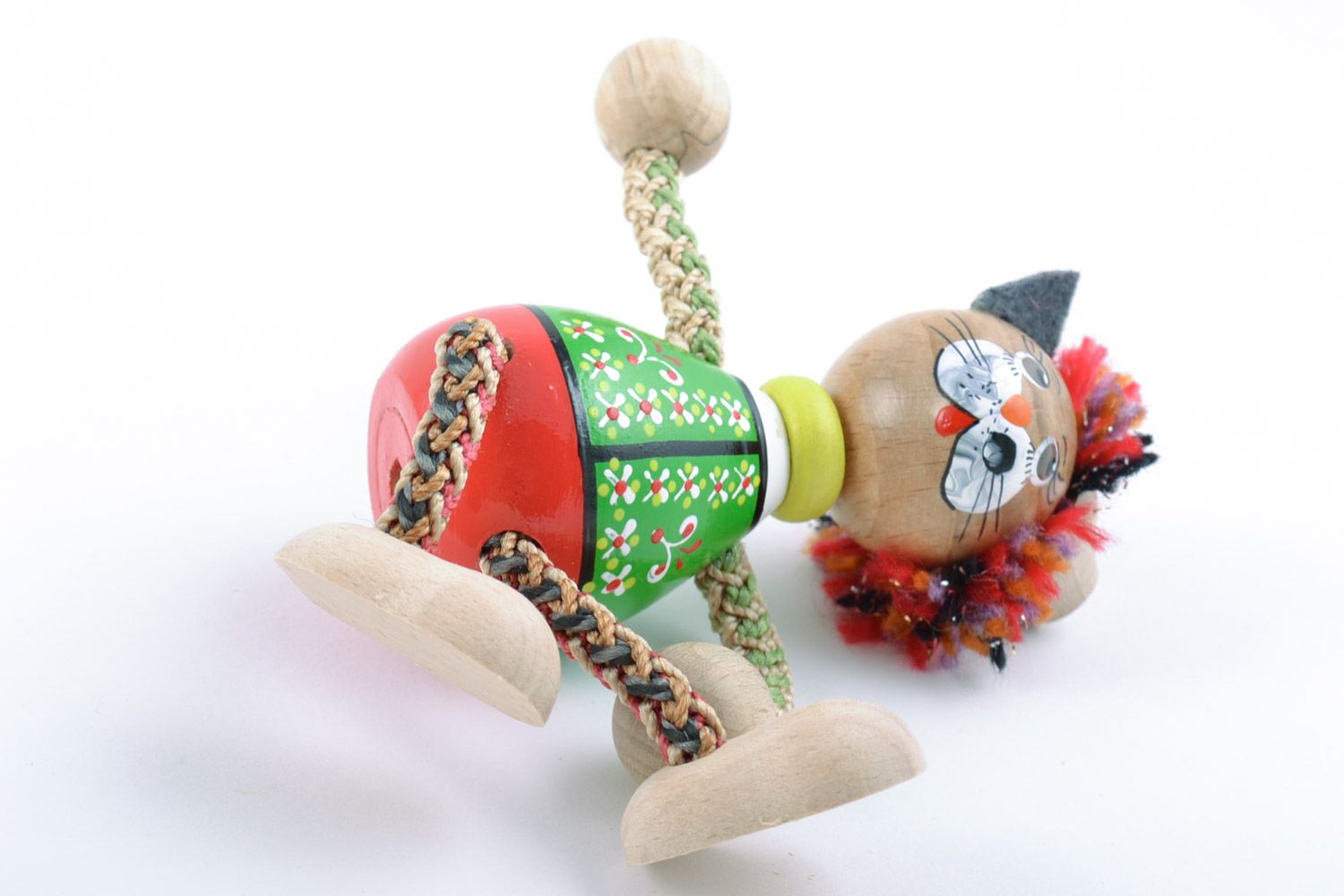 Beautiful painted handmade wooden eco toy Cat in ethnic clothes for children photo 5