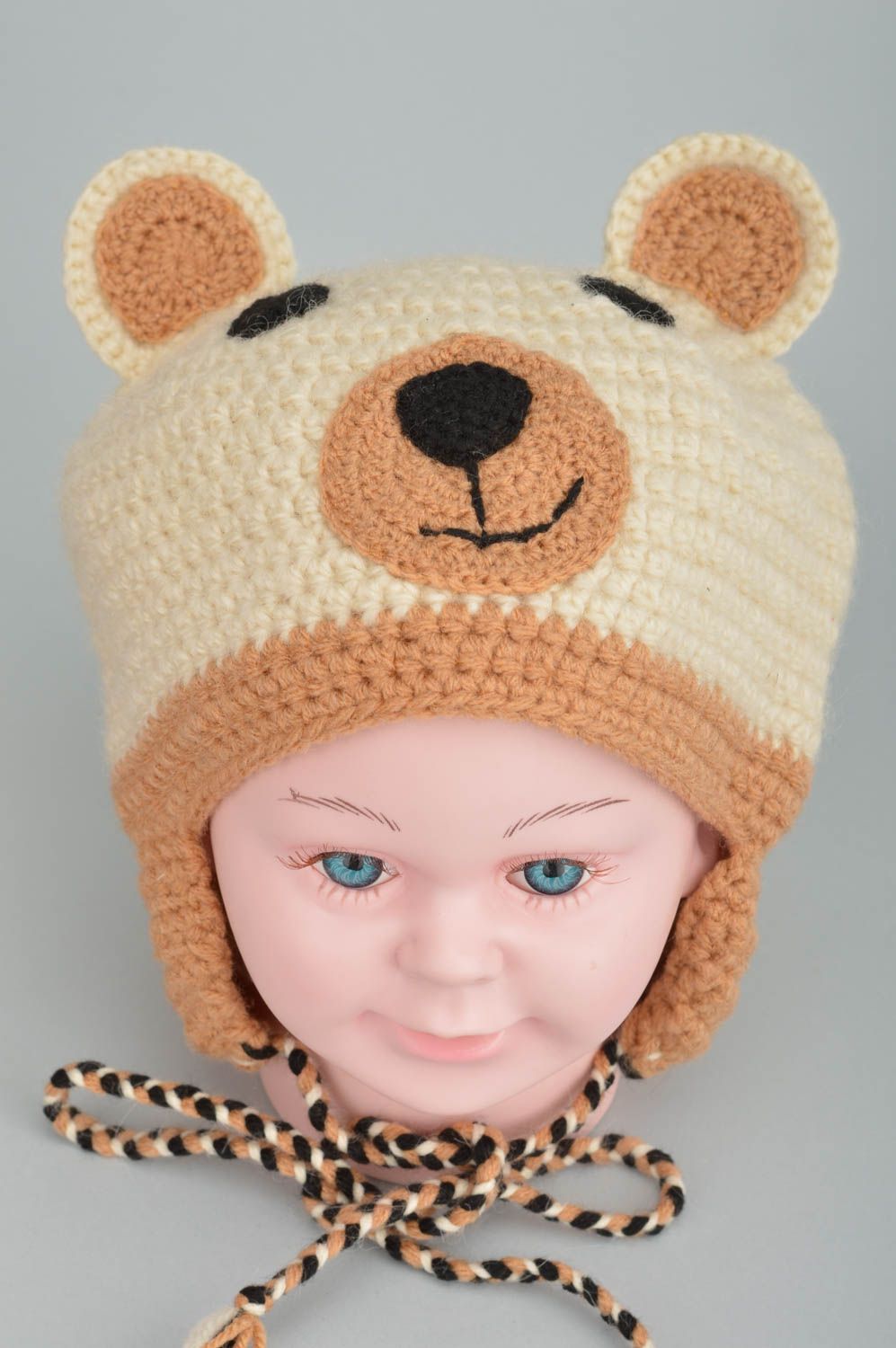 Crocheted beautiful unusual cute cap brown bear on strings 370 mm for kids photo 5