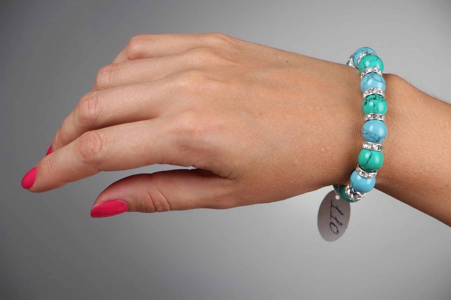 Bracelet with green and blue turquoise on elastic band photo 5
