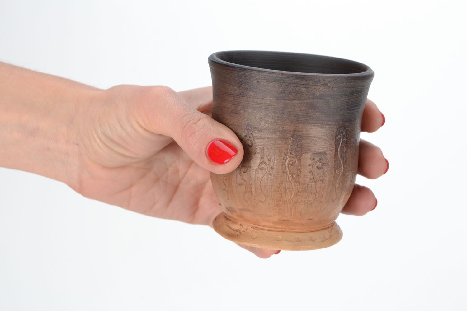 8 oz no handle clay drinking cup for milk or coffee with short stand and rustic pattern photo 2