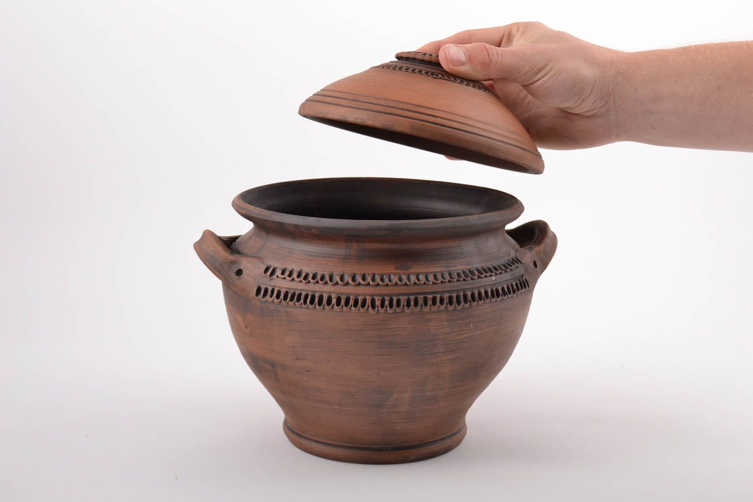 Handmade large brown ornamented ceramic pot with lid and handles for 3.5 l photo 2