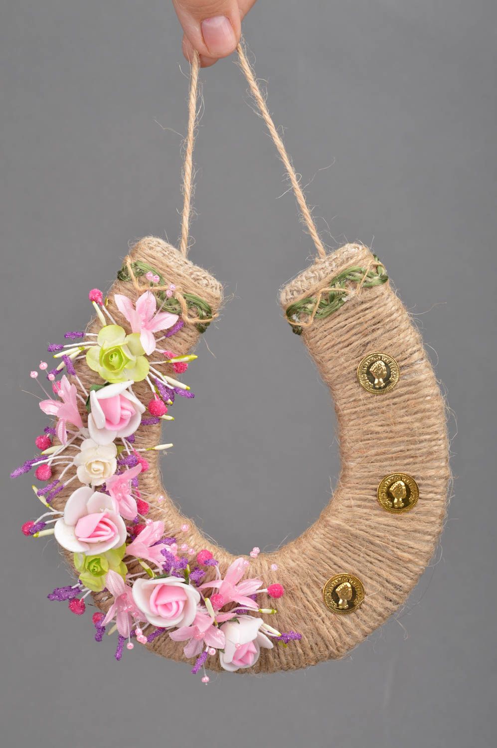 Handmade Hufeisen Anhänger Wand Deko Wohn Accessoire mit Blumen Zum Glück foto 5