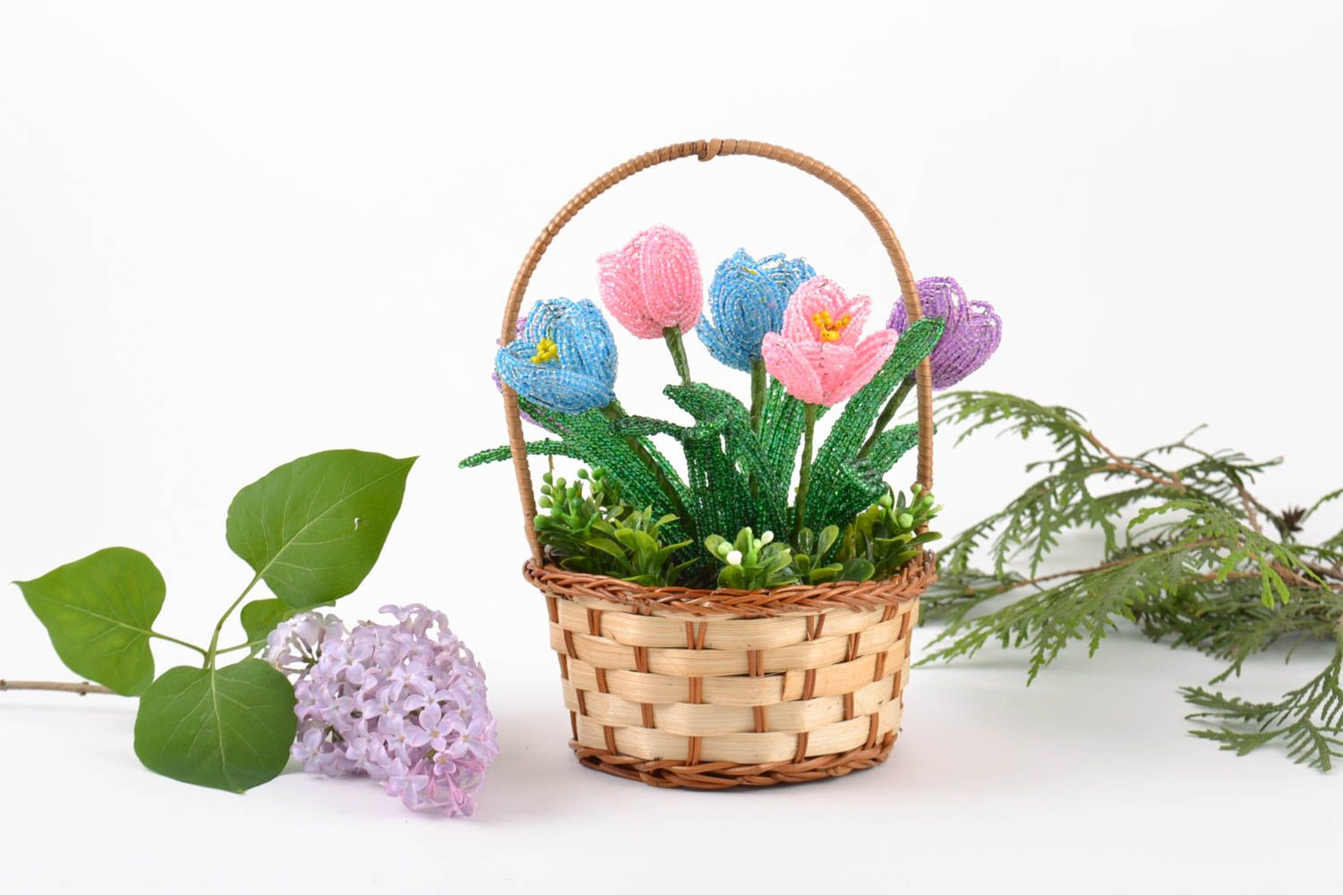 Handmade decorative basket with artificial beaded tender colorful crocus flowers photo 1