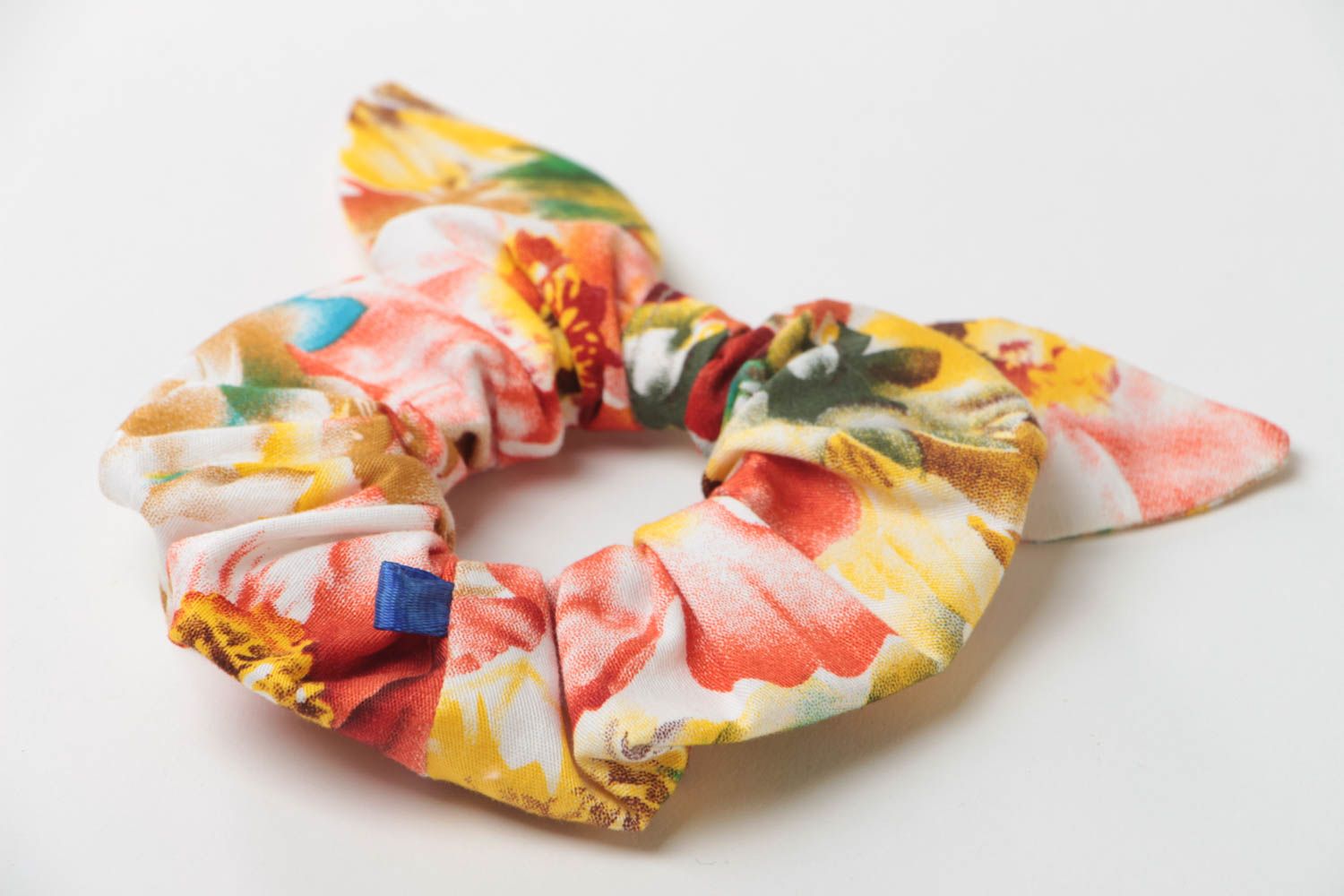 Chouchou à cheveux en tissu de coton noué avec dessin floral bijou original photo 3