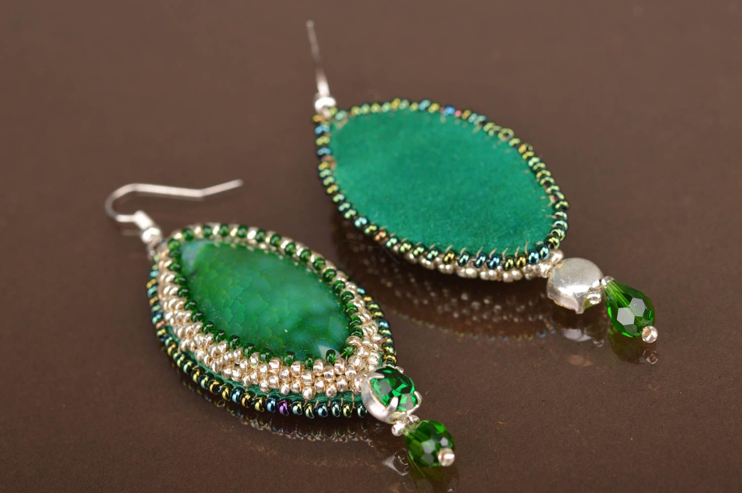 Handmade designer women's long beaded earrings with green agate photo 2