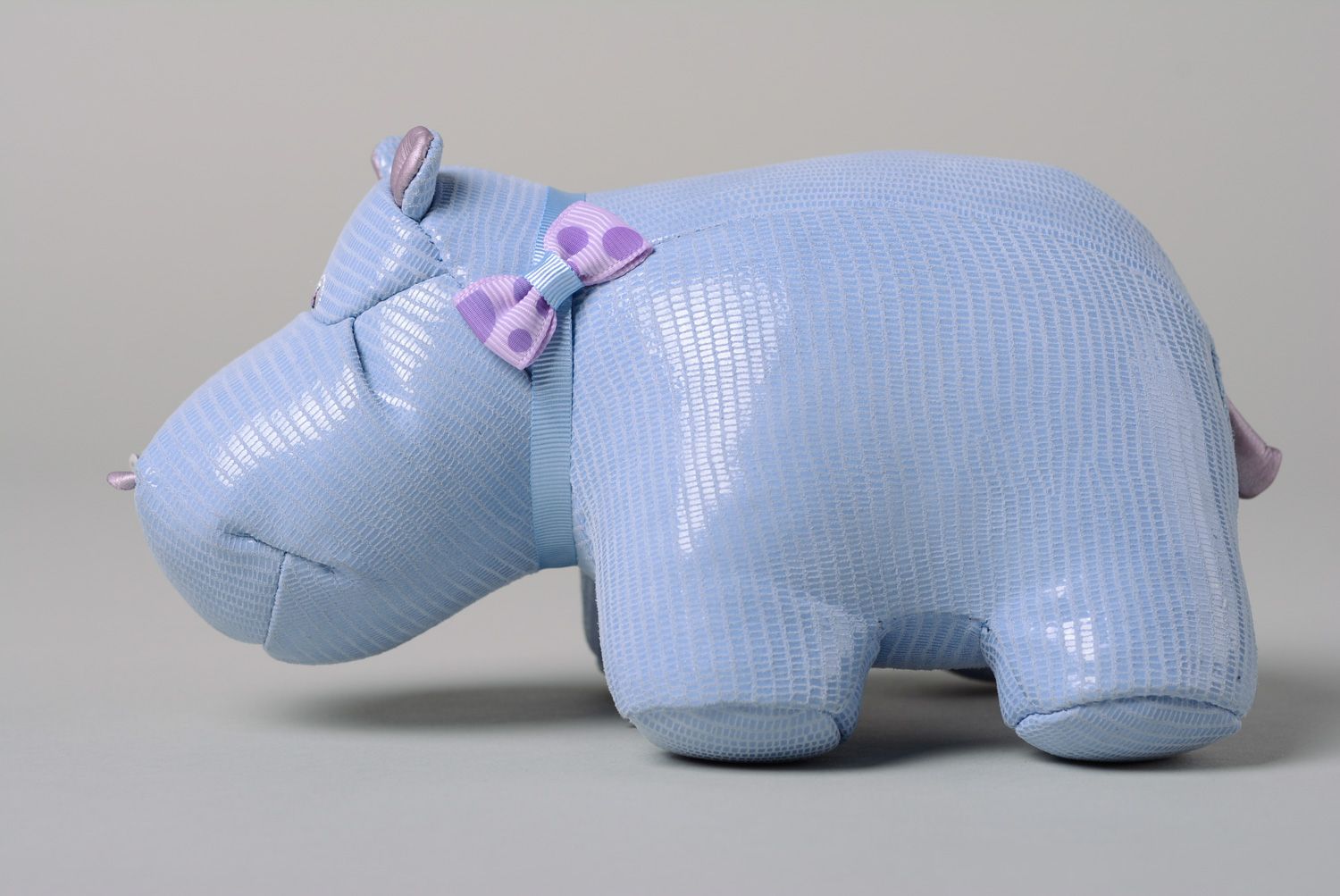 Handmade interior leather soft toy in the shape of hippo with pocket of blue color photo 5
