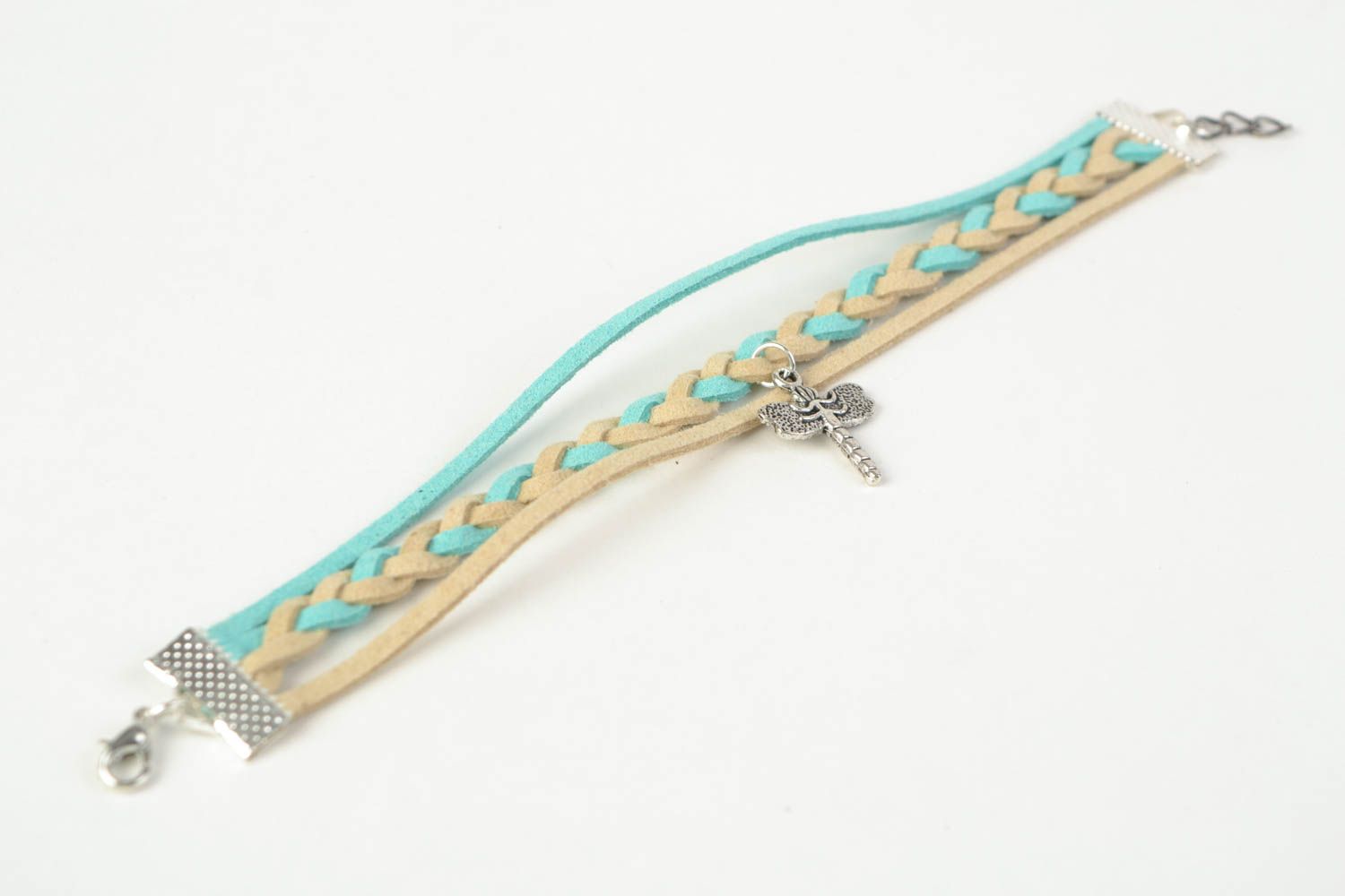 Beautiful stylish light handmade woven suede cord bracelet with charm photo 5