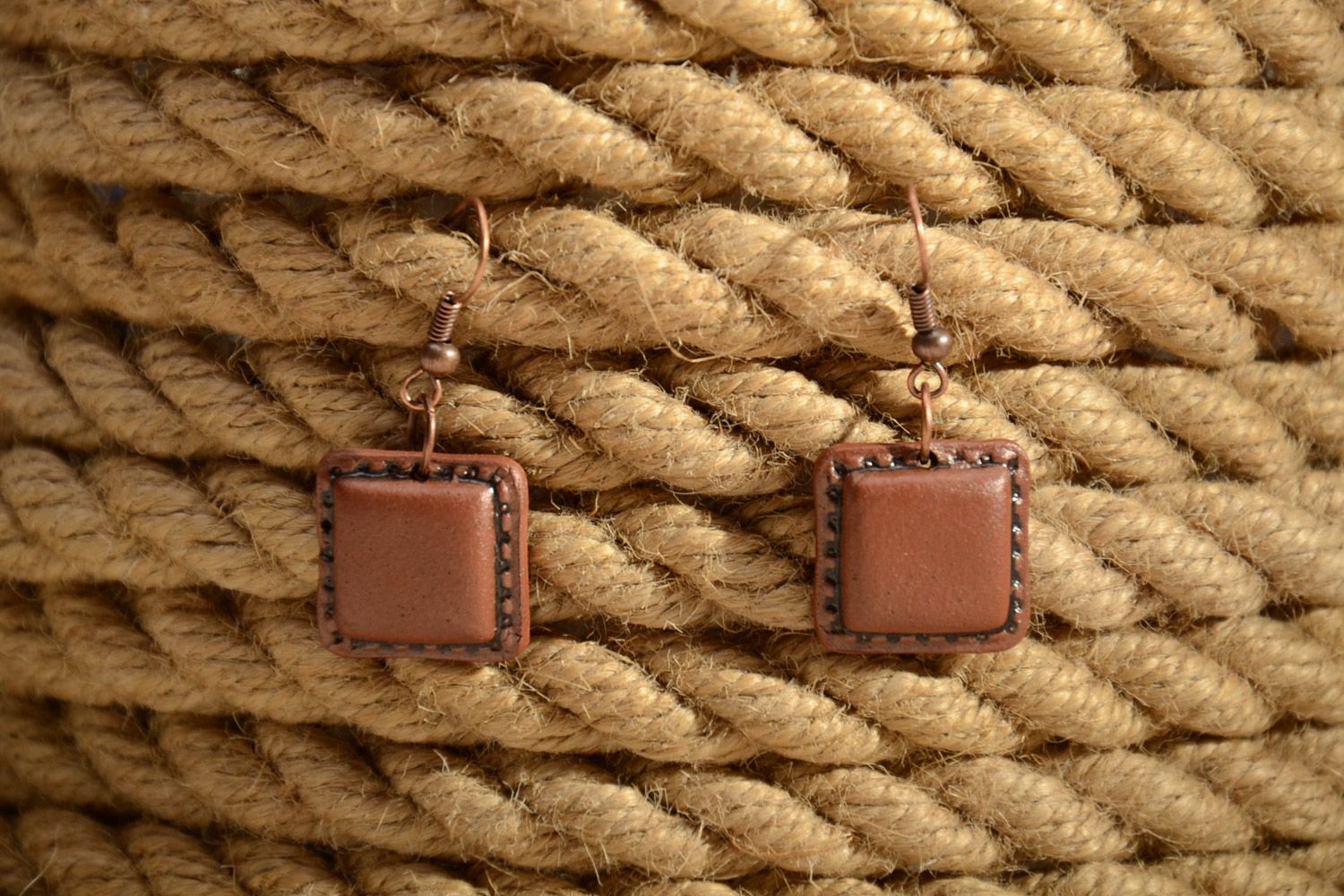 Small handmade square ceramic dangle earrings coated with enamels Chocolate photo 1