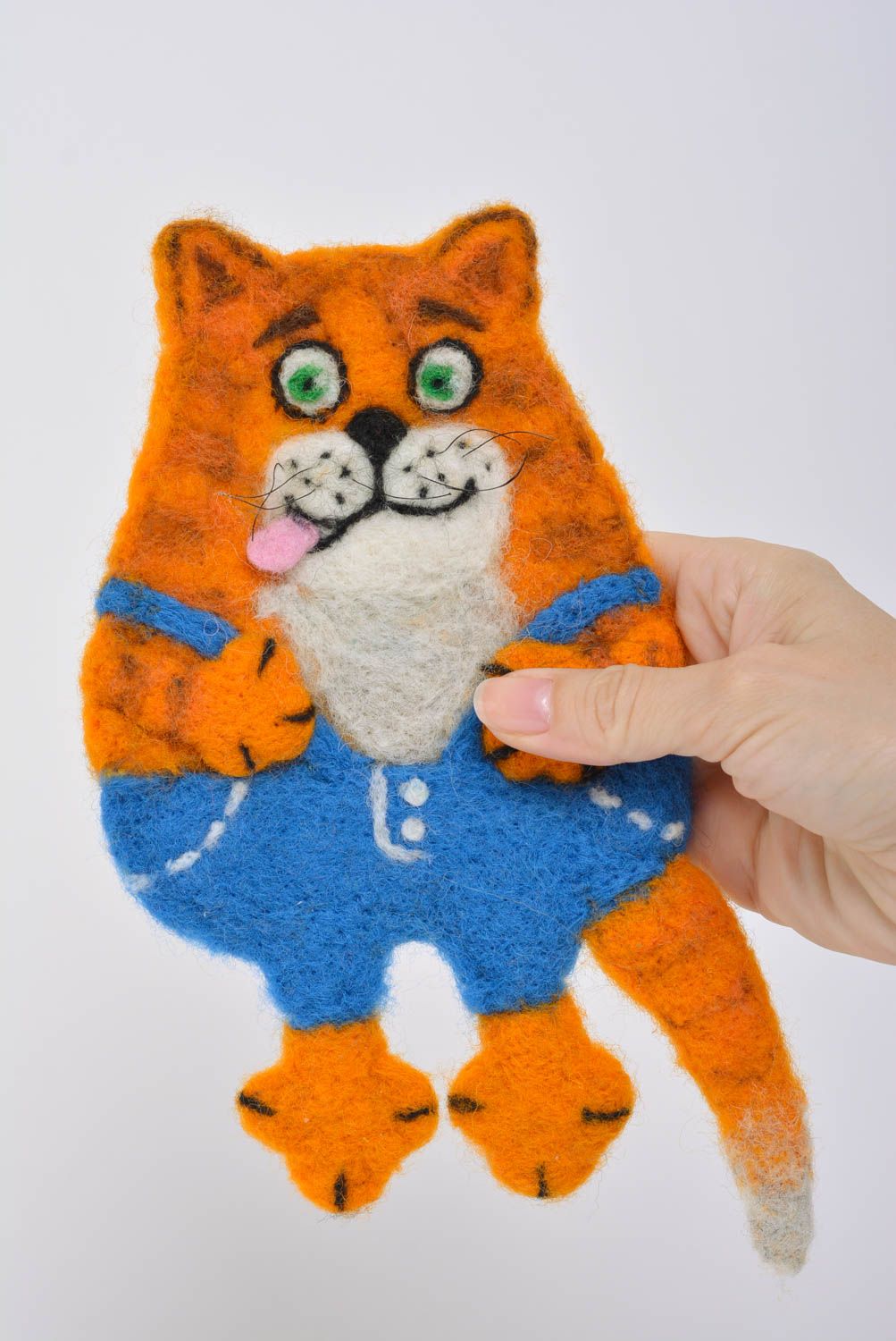 Handmade funny soft toy fridge magnet felted of natural wool orange cat photo 3