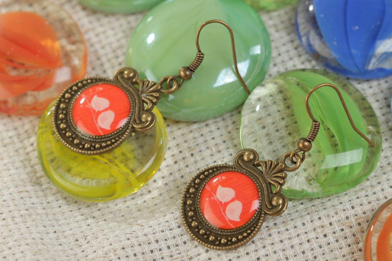 Handcrafted long red earrings in vintage style made of glass glaze photo 1