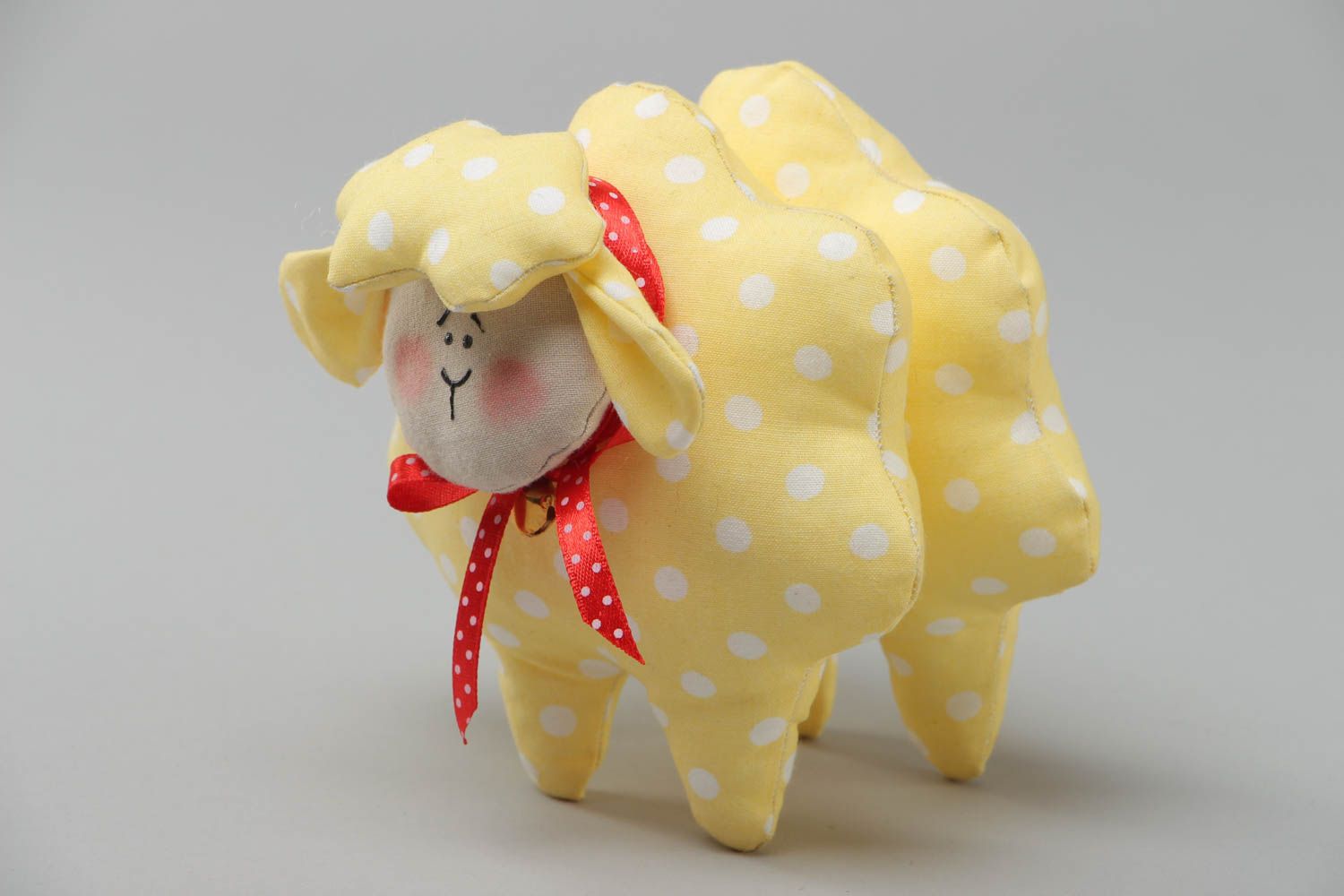 Handmade cotton fabric soft toy sheep of yellow color with white dots photo 2