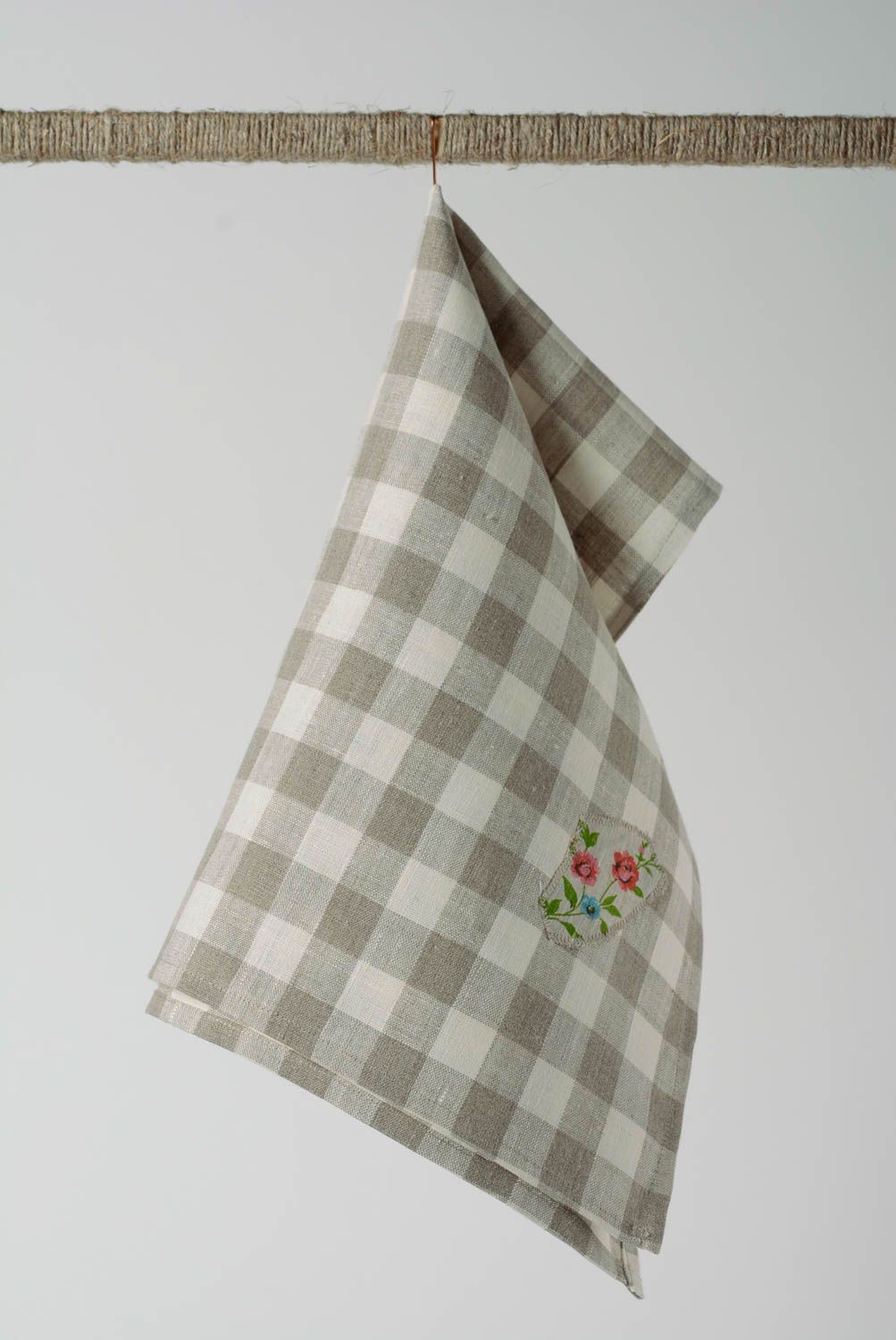 Handmade large kitchen towel sewn of checkered linen fabric with applique work photo 1