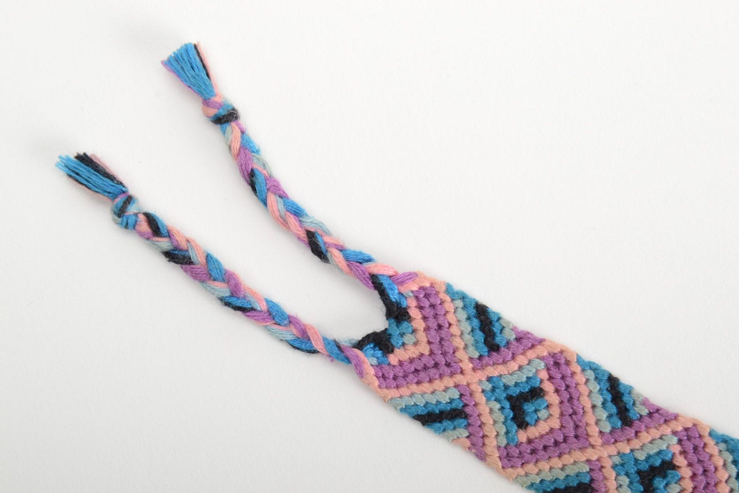Handmade friendship wrist bracelet woven of threads with bright ornament and ties photo 4