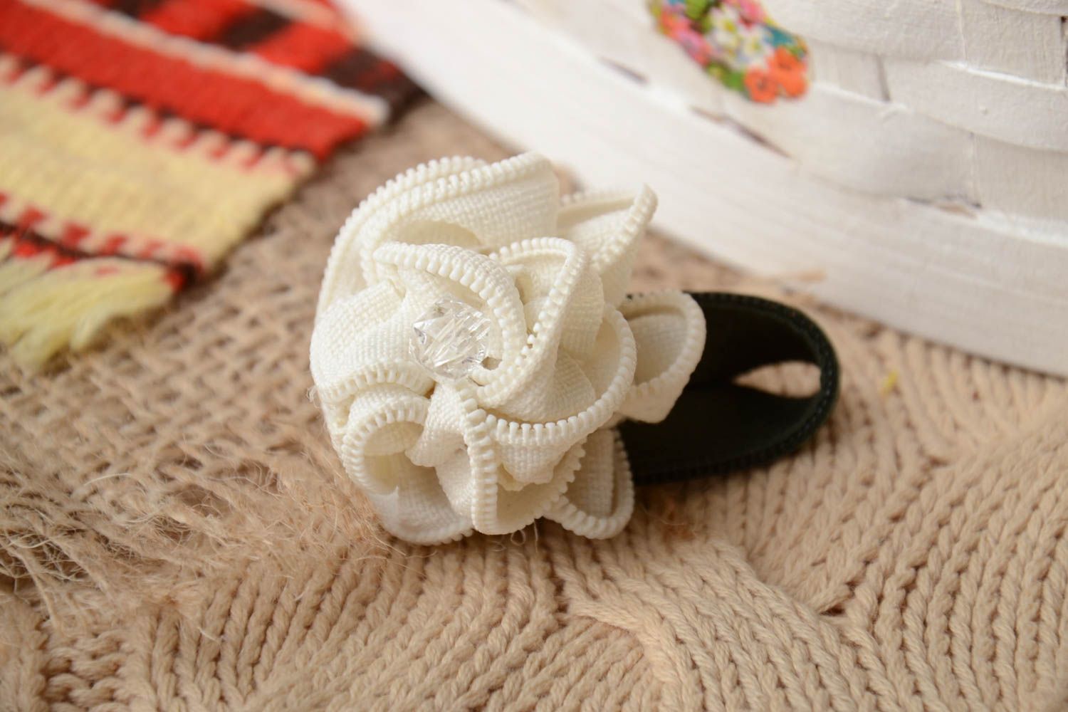 Handmade designer brooch volume white and black zipper flower with faceted beads photo 1