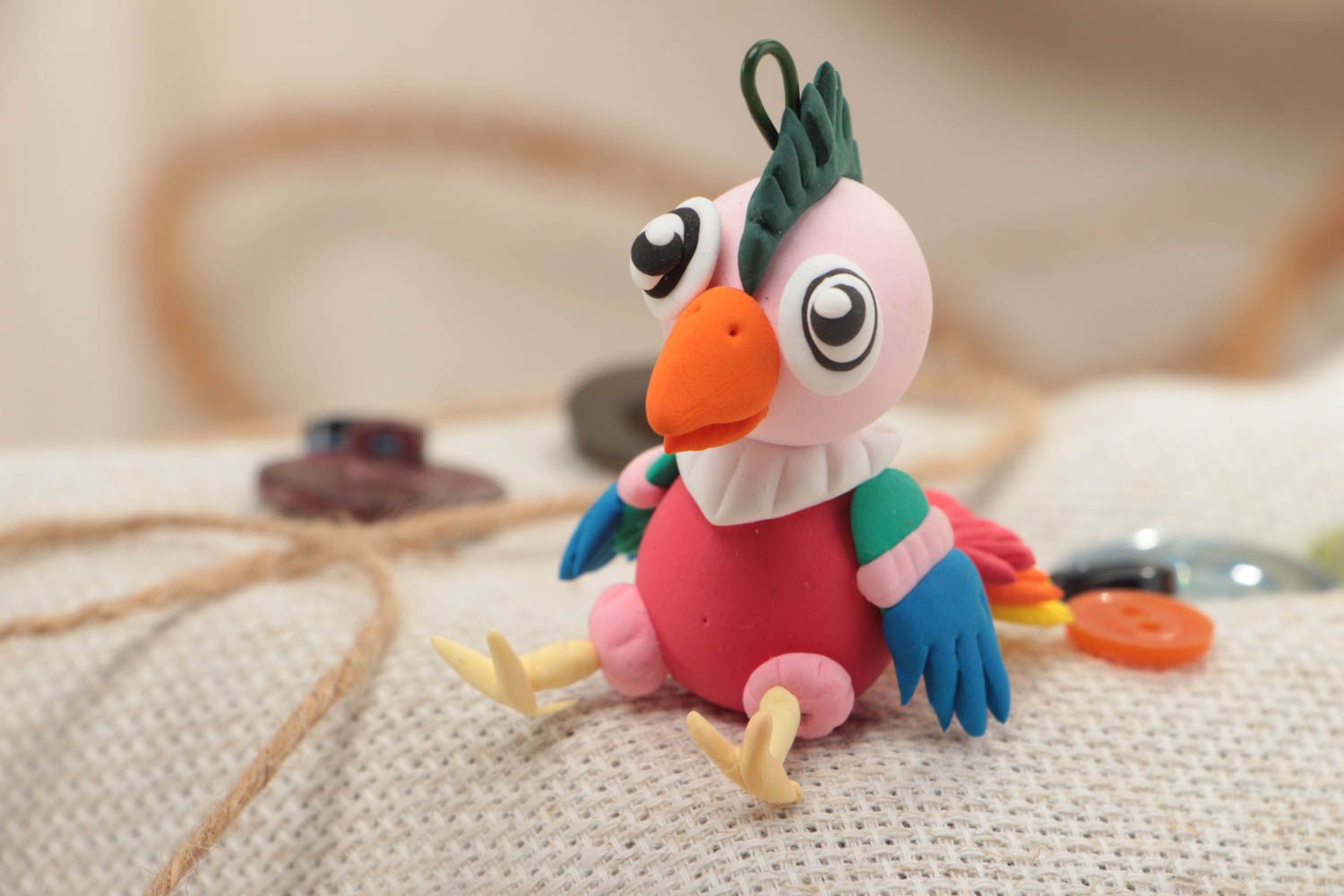 Miniature handmade pink polymer clay statuette of parrot for home decor photo 1