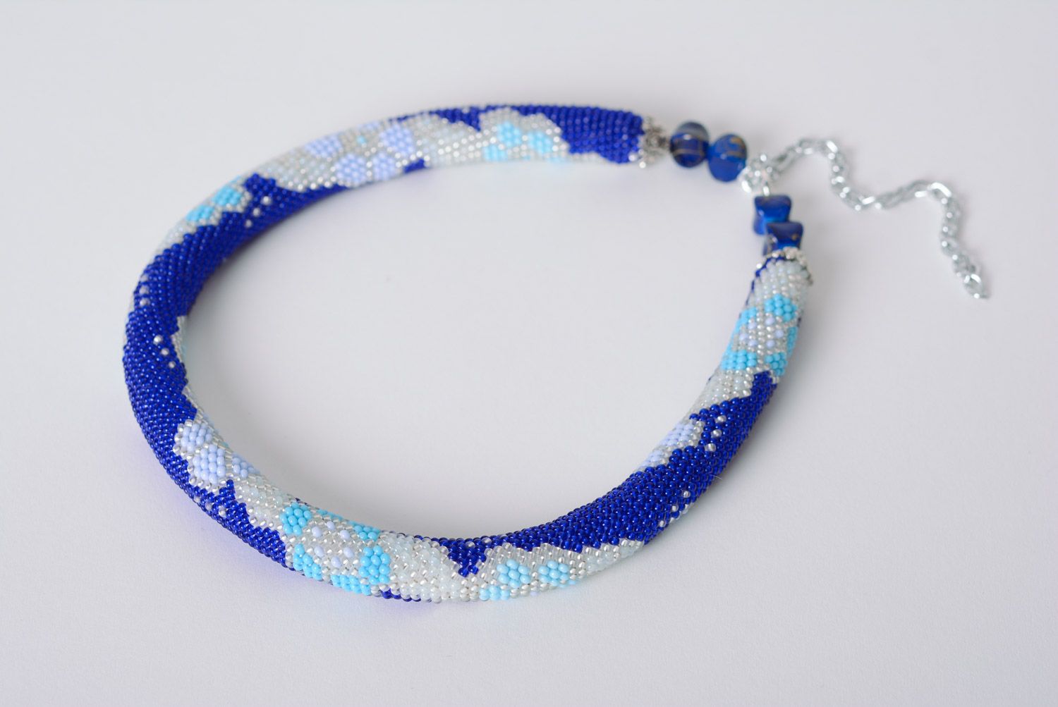 Short handmade woven beaded cord necklace of adjustable size Blue photo 3