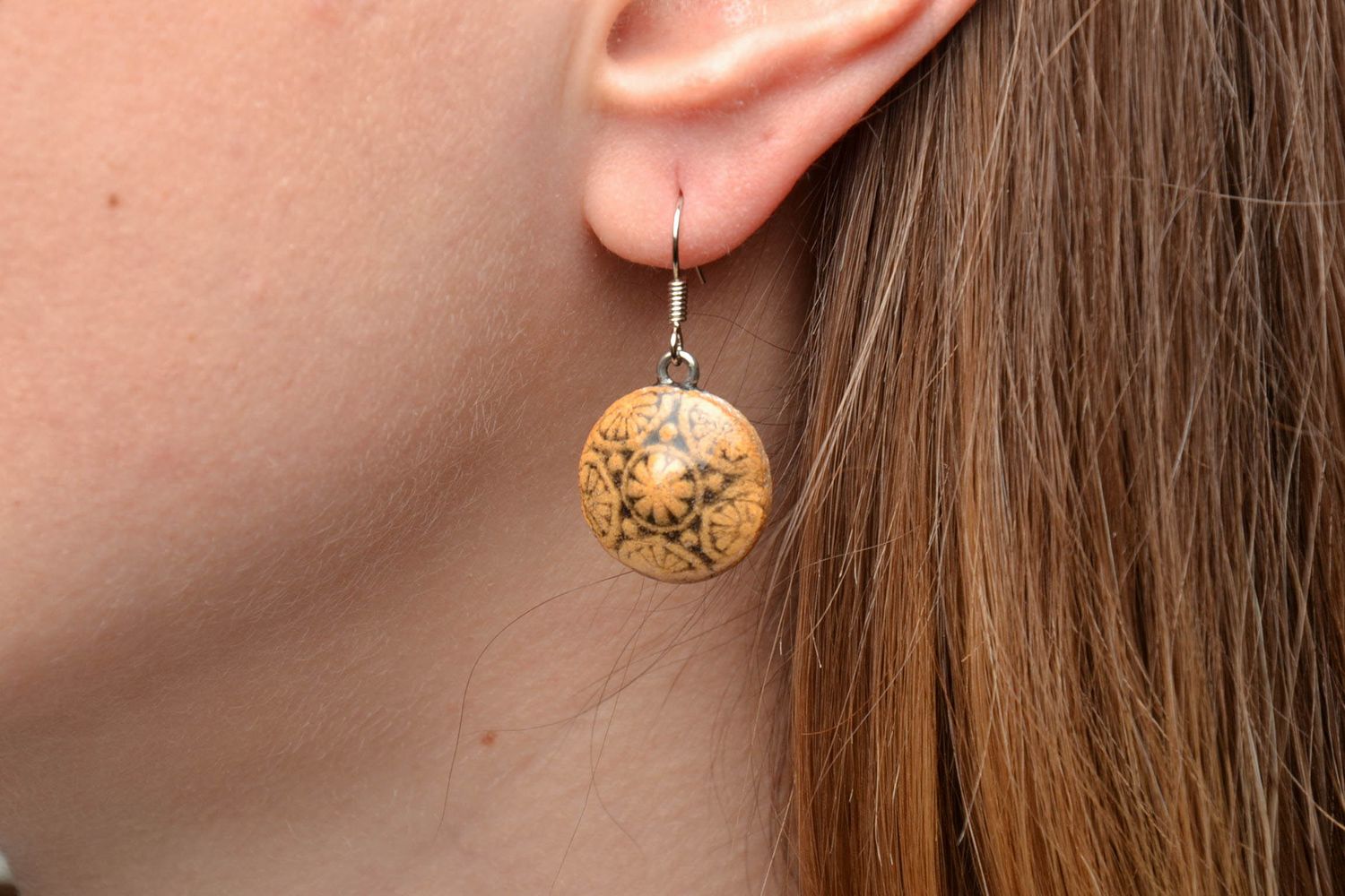 Round clay earrings painted with color enamels in ethnic style photo 5