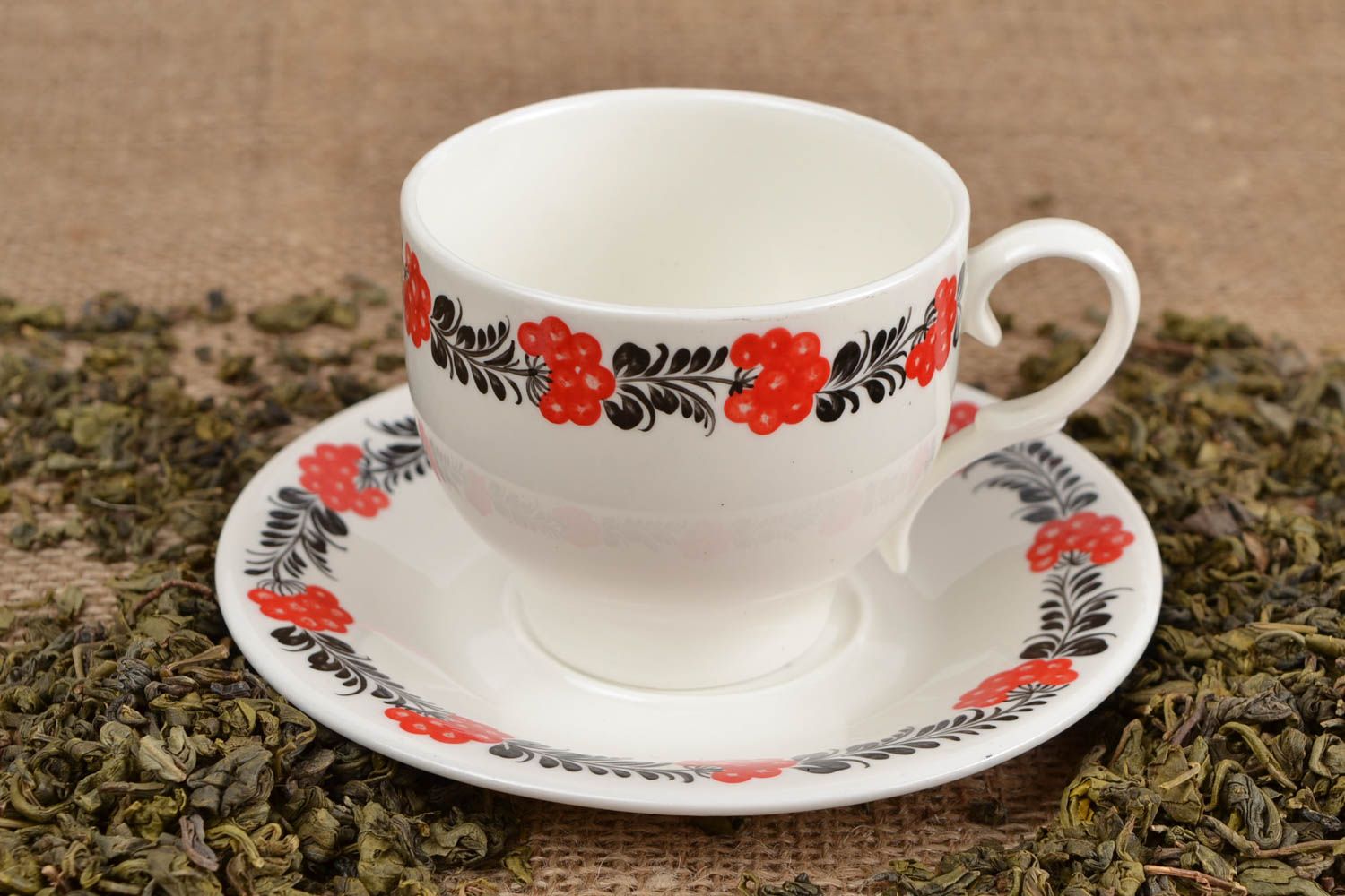 Porcelain 8 oz cup in Japanese floral pattern with saucer and handle photo 1