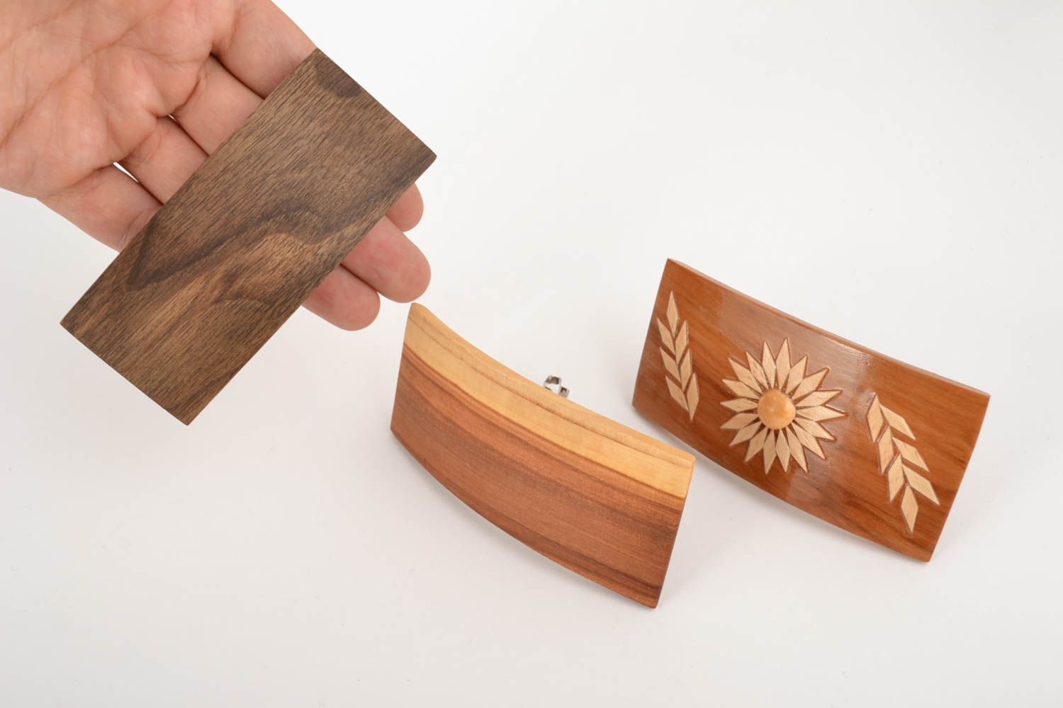 Beautiful handmade wooden hair jewel clips set 3 pieces of rectangular shape photo 3